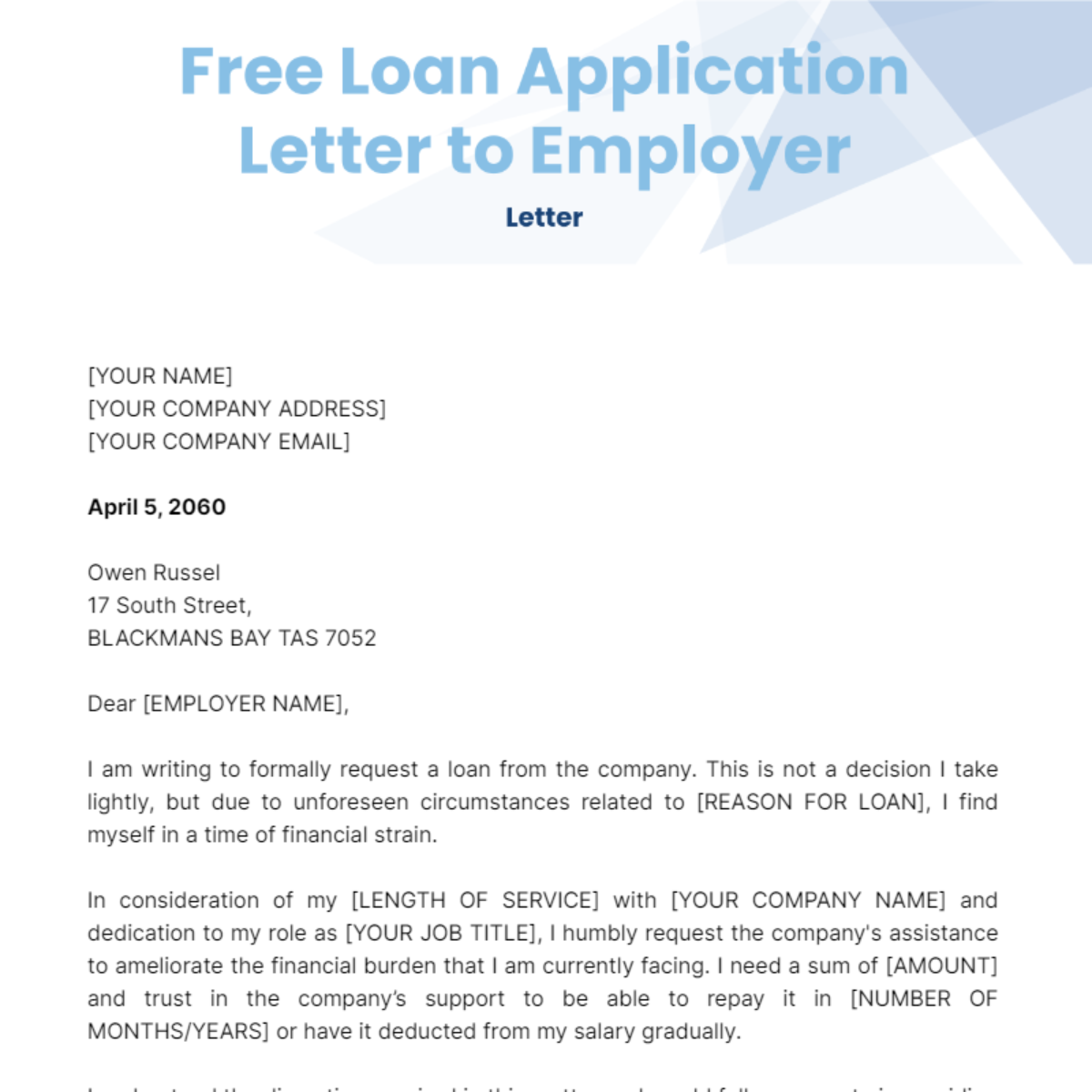 Loan Application Letter to Employer Template