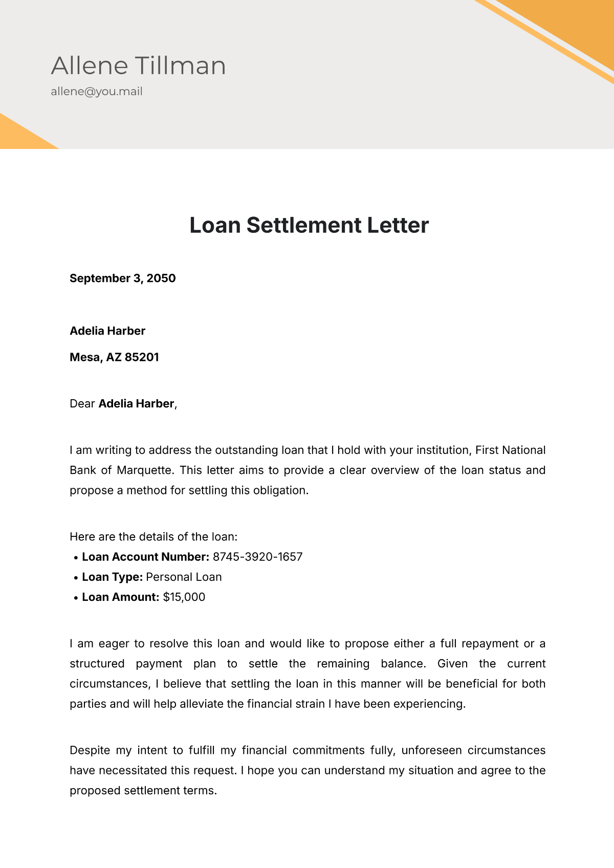 Loan Settlement Letter Template - Edit Online & Download