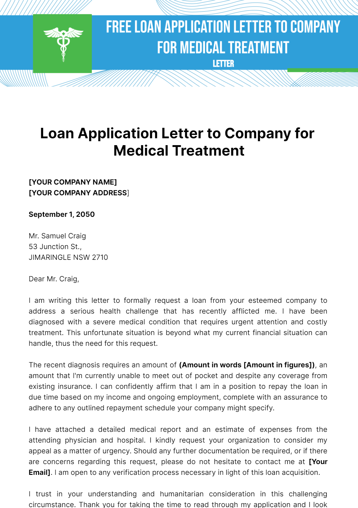 Free Loan Application Letter to Company for Medical Treatment Template