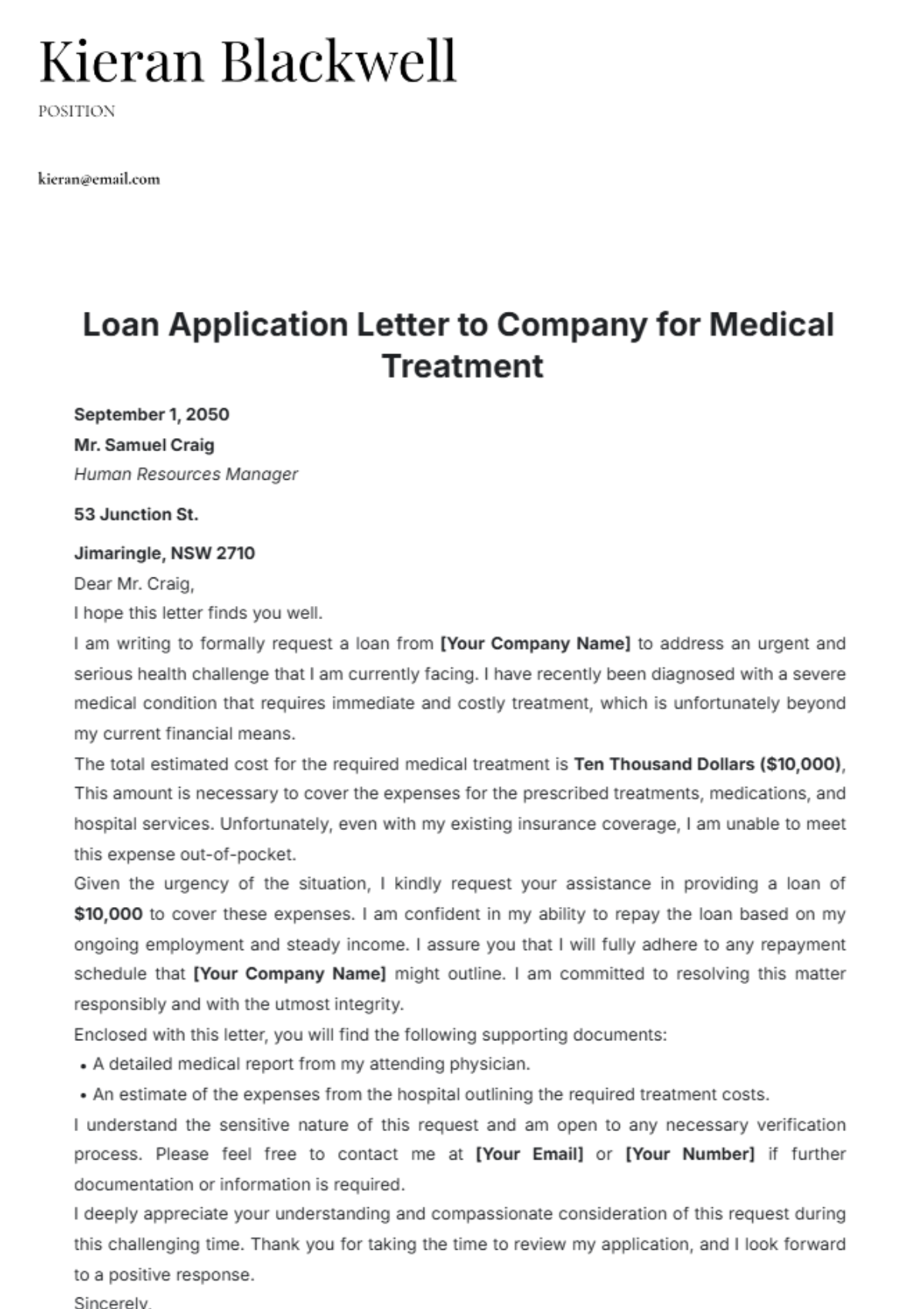 Loan Application Letter to Company for Medical Treatment Template