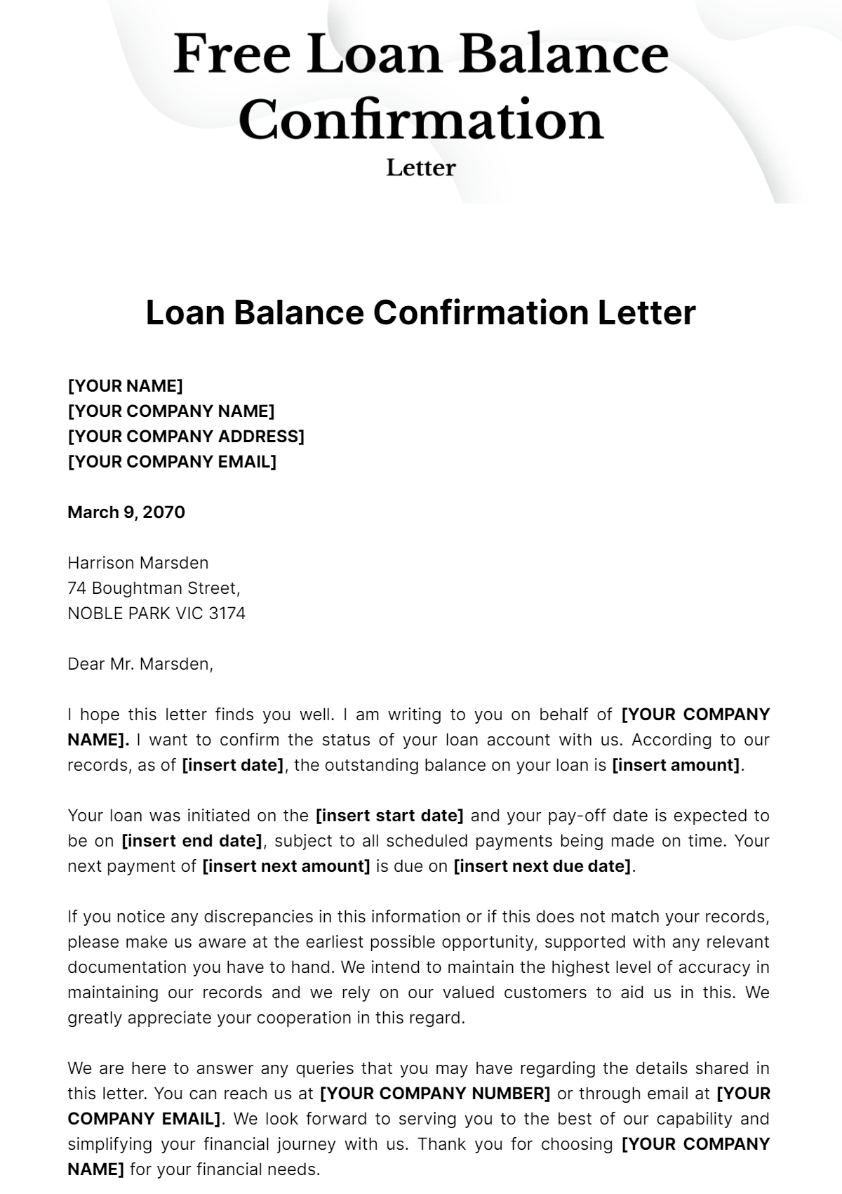 Free Loan Balance Confirmation Letter Template