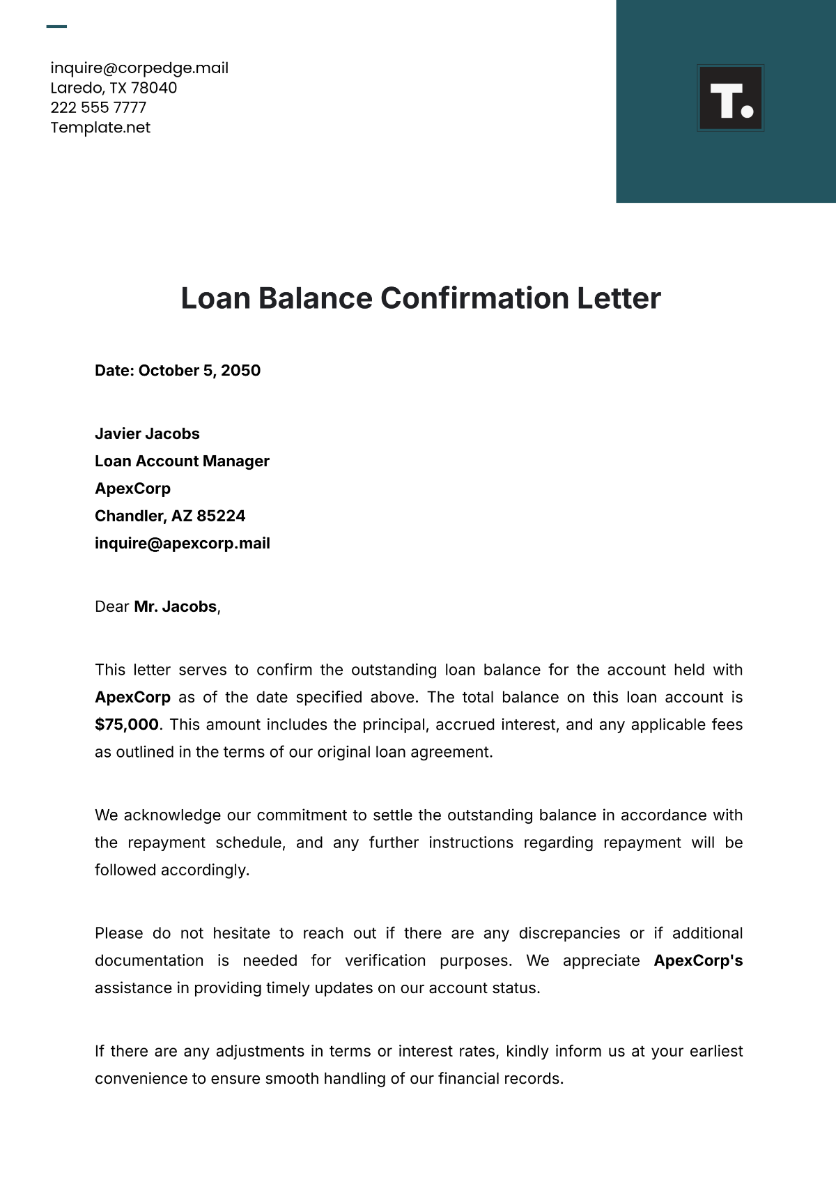 Loan Balance Confirmation Letter Template - Edit Online & Download