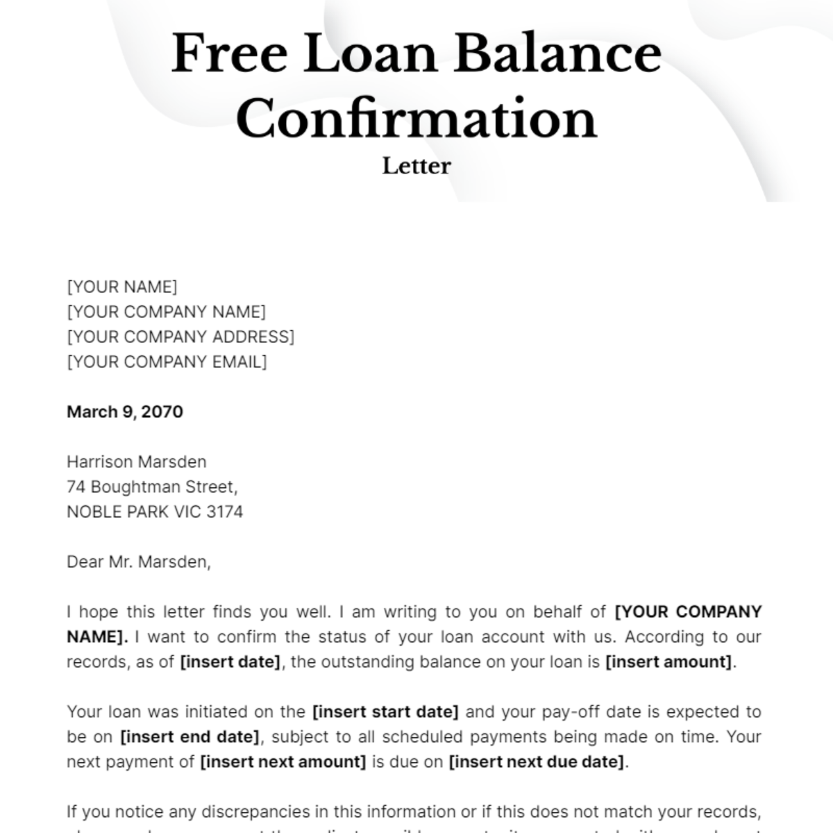 Loan Balance Confirmation Letter Template