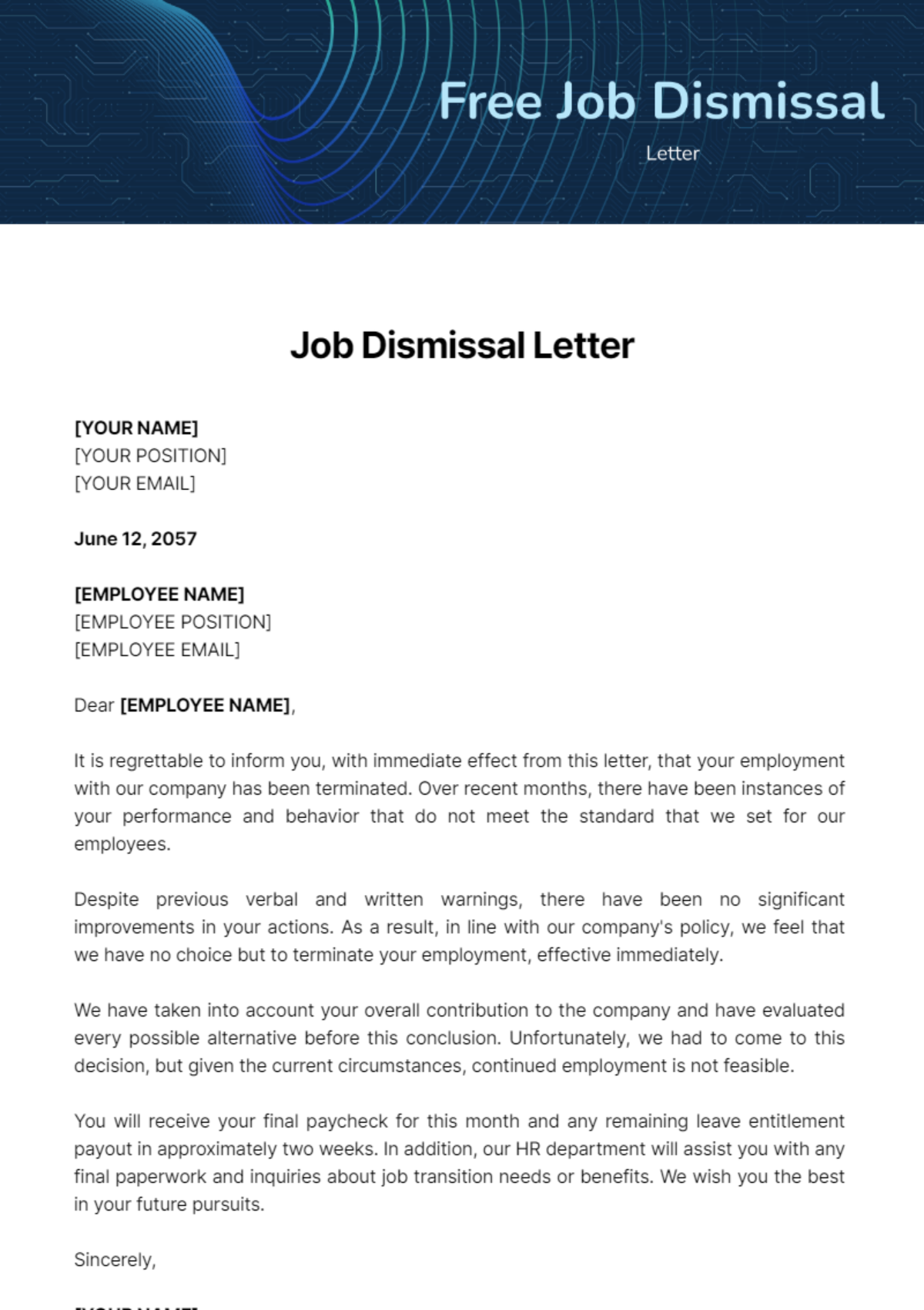 Job Dismissal Letter Template