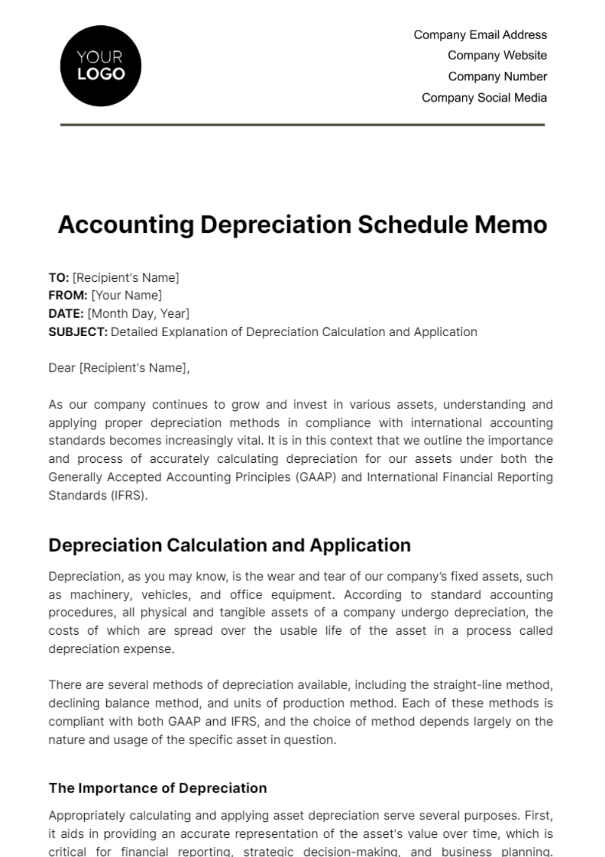 Accounting Depreciation Schedule Memo Template
