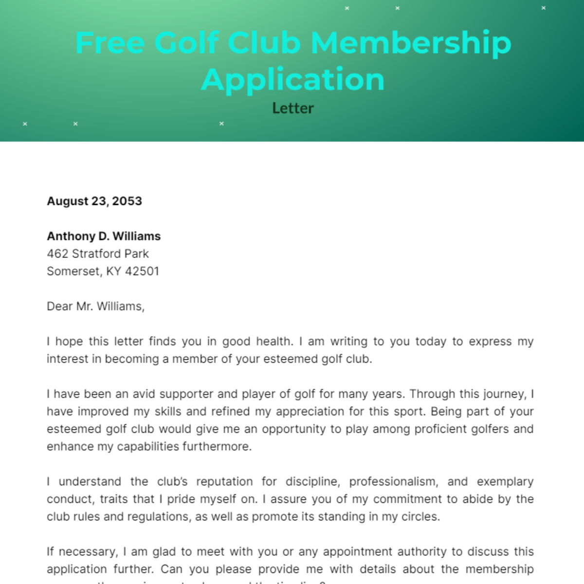 Golf Club Membership Application Letter Template