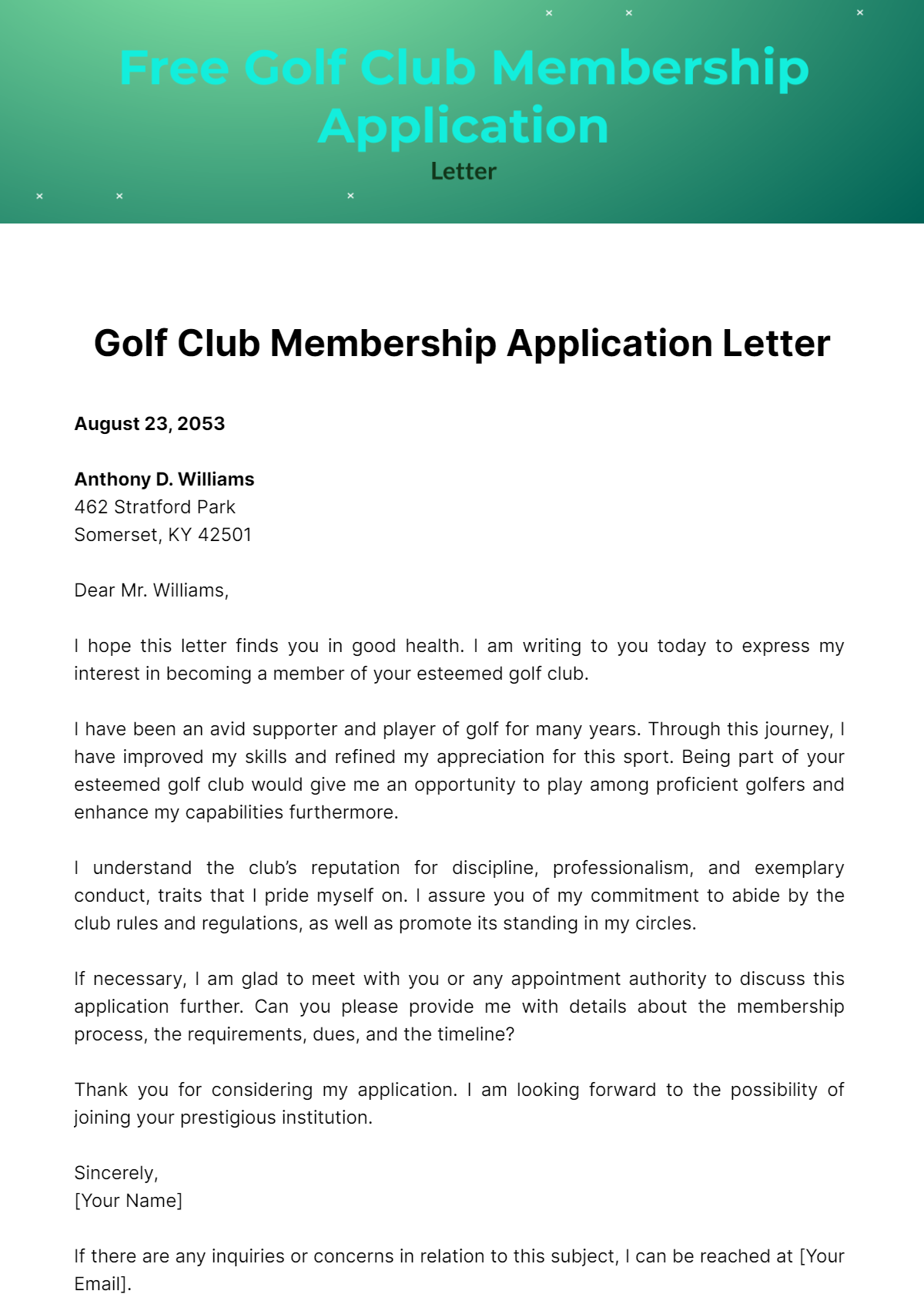 Free Golf Club Membership Application Letter Template