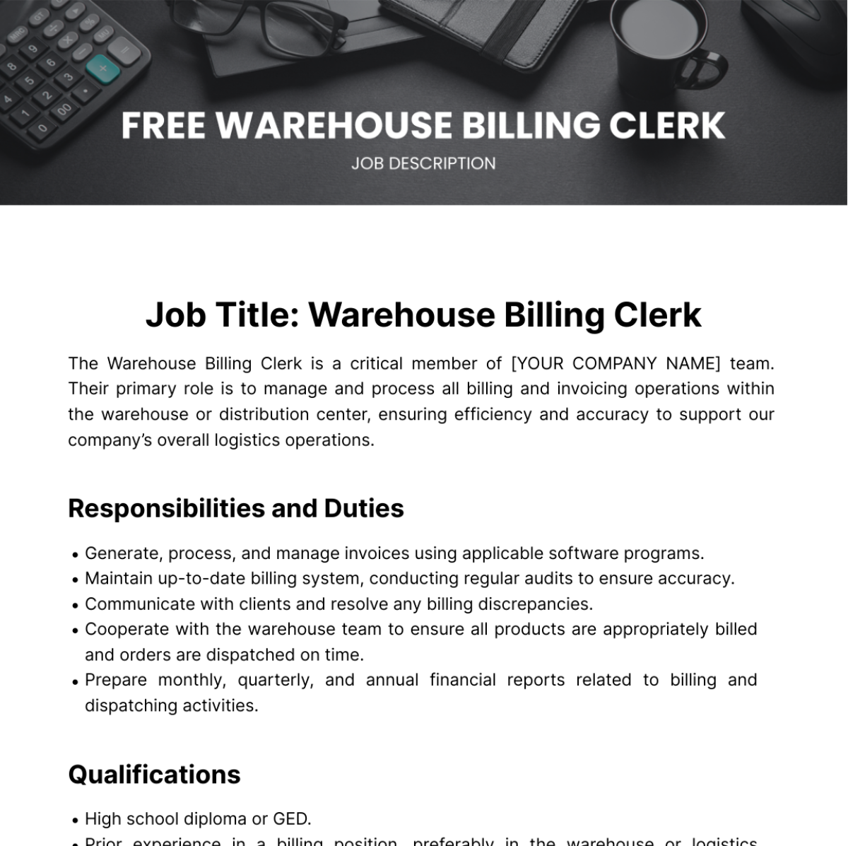 Warehouse Billing Clerk Job Description Template