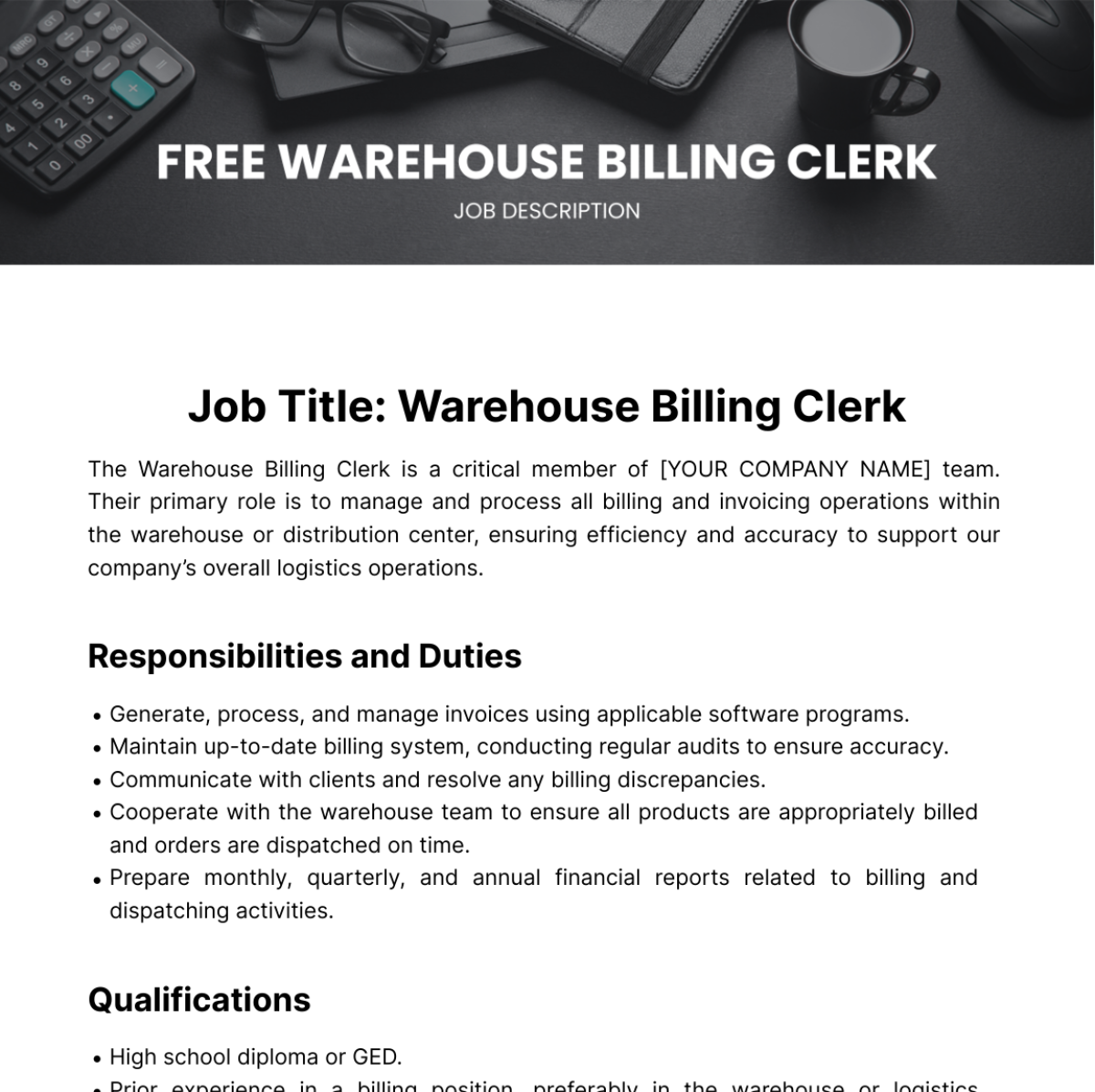 Warehouse Billing Clerk Job Description Template Edit Online 