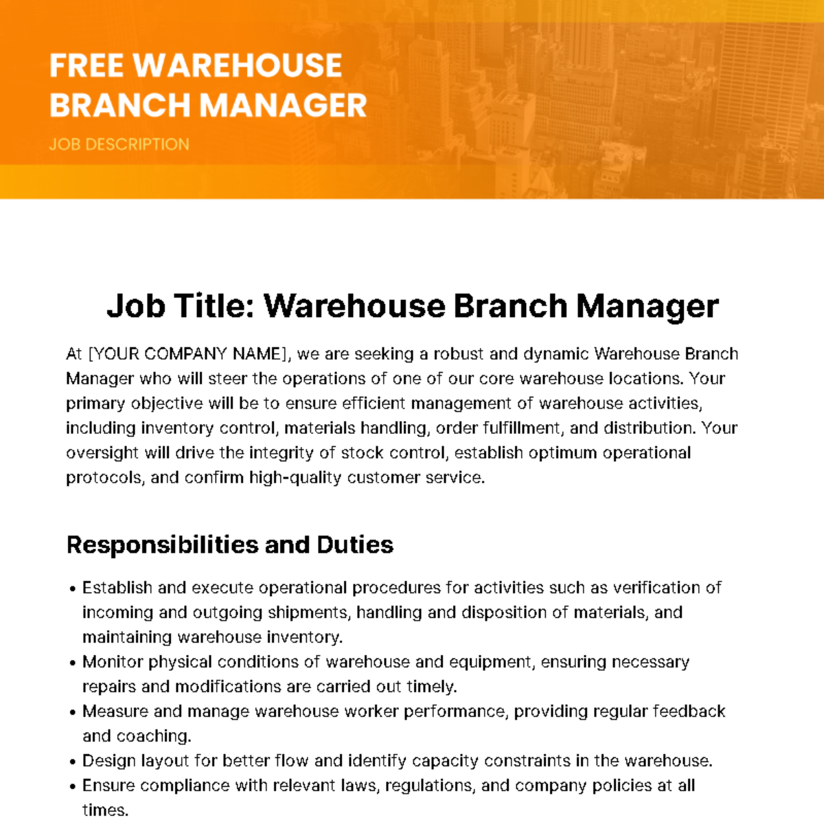 Warehouse Branch Manager Job Description Template