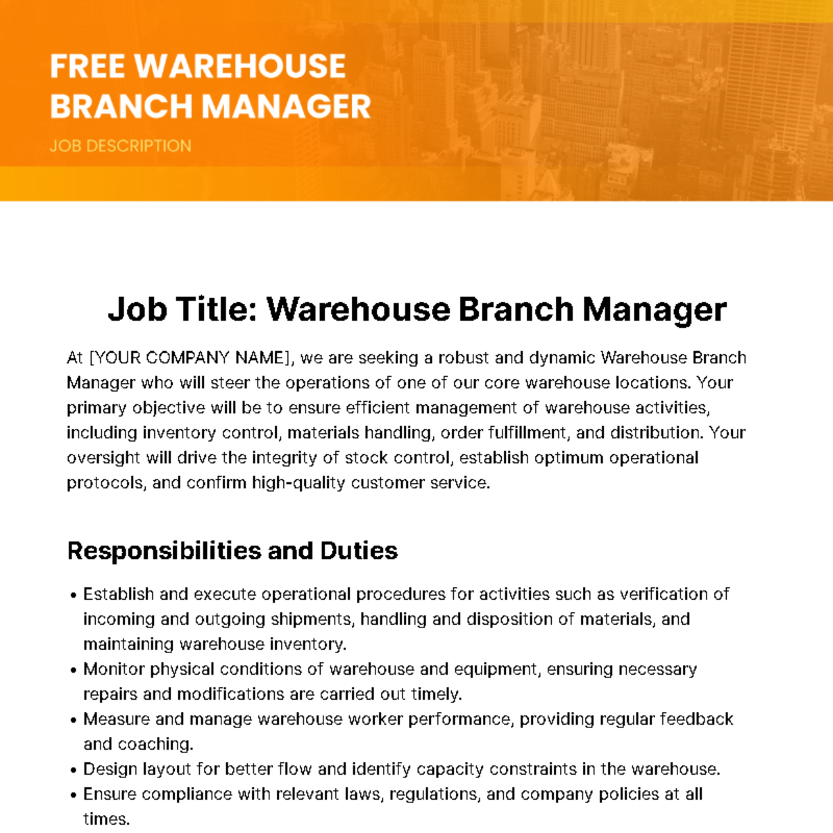 Warehouse Branch Manager Job Description Template - Edit Online & Download