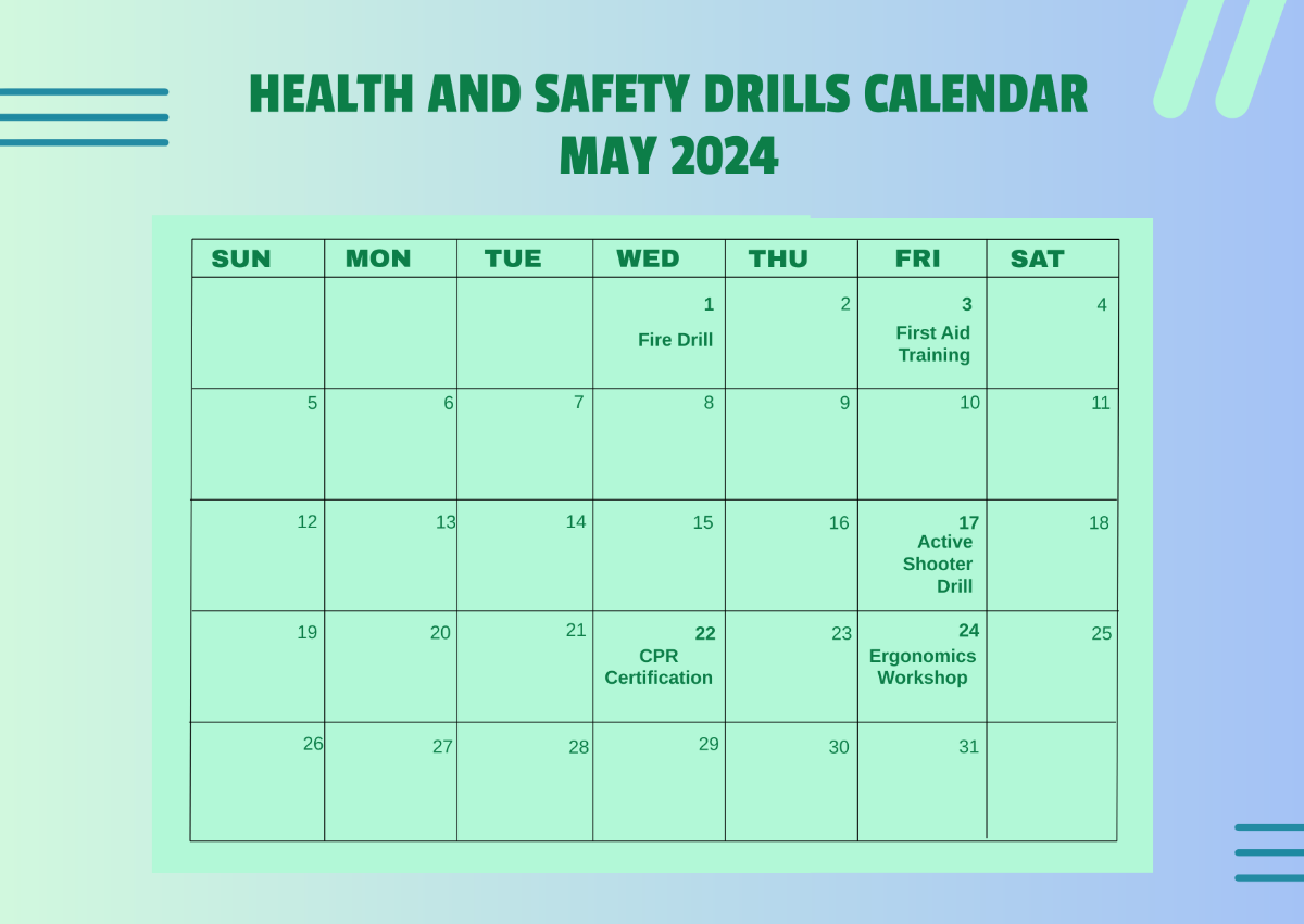Health and Safety Drills Calendar Template