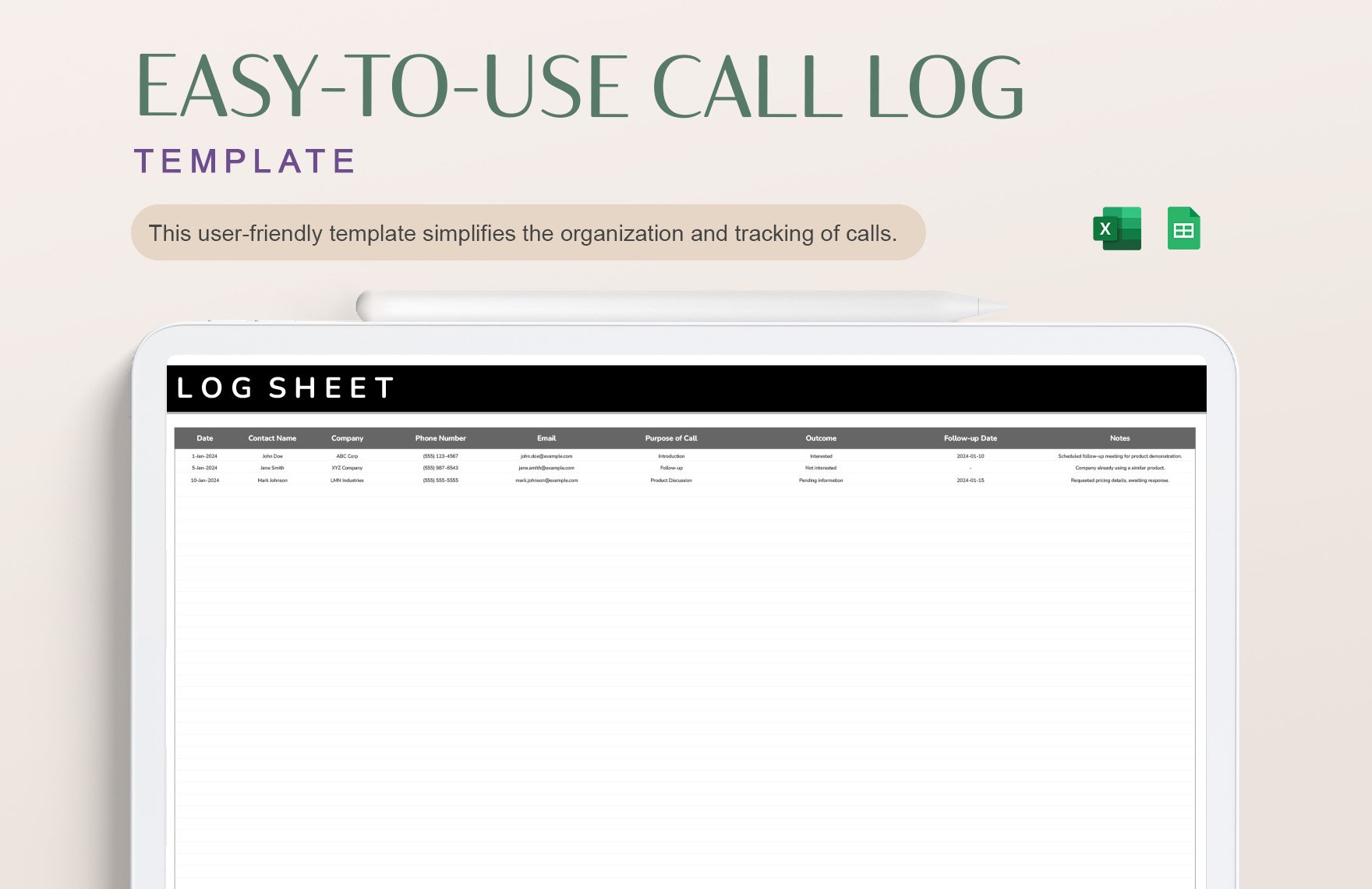 Free Easy-to-Use Call Log Template in Excel, Google Sheets