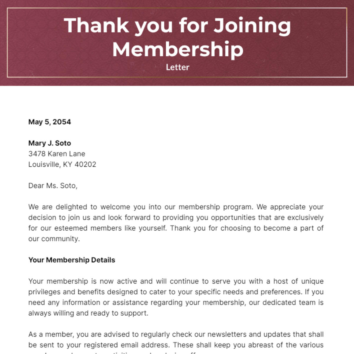 Thank you for Joining Membership Letter Template