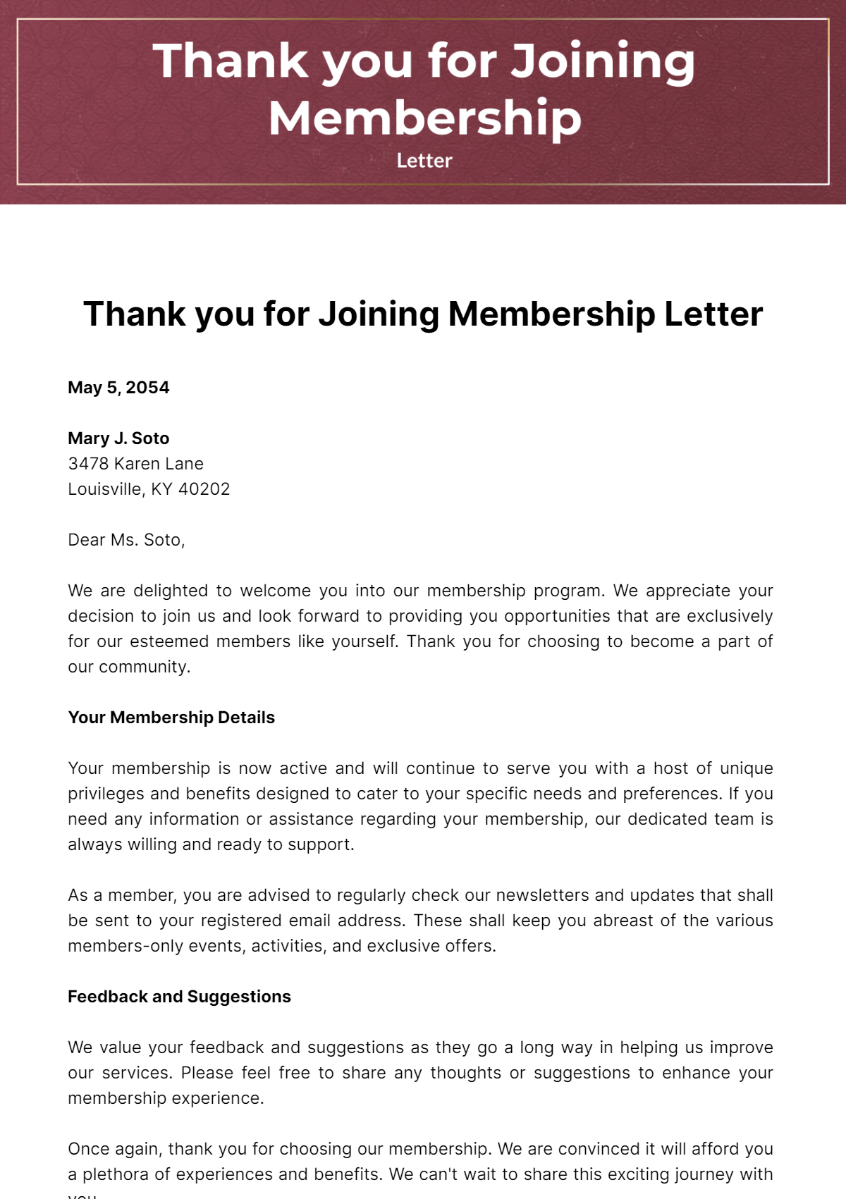 Free Thank you for Joining Membership Letter Template