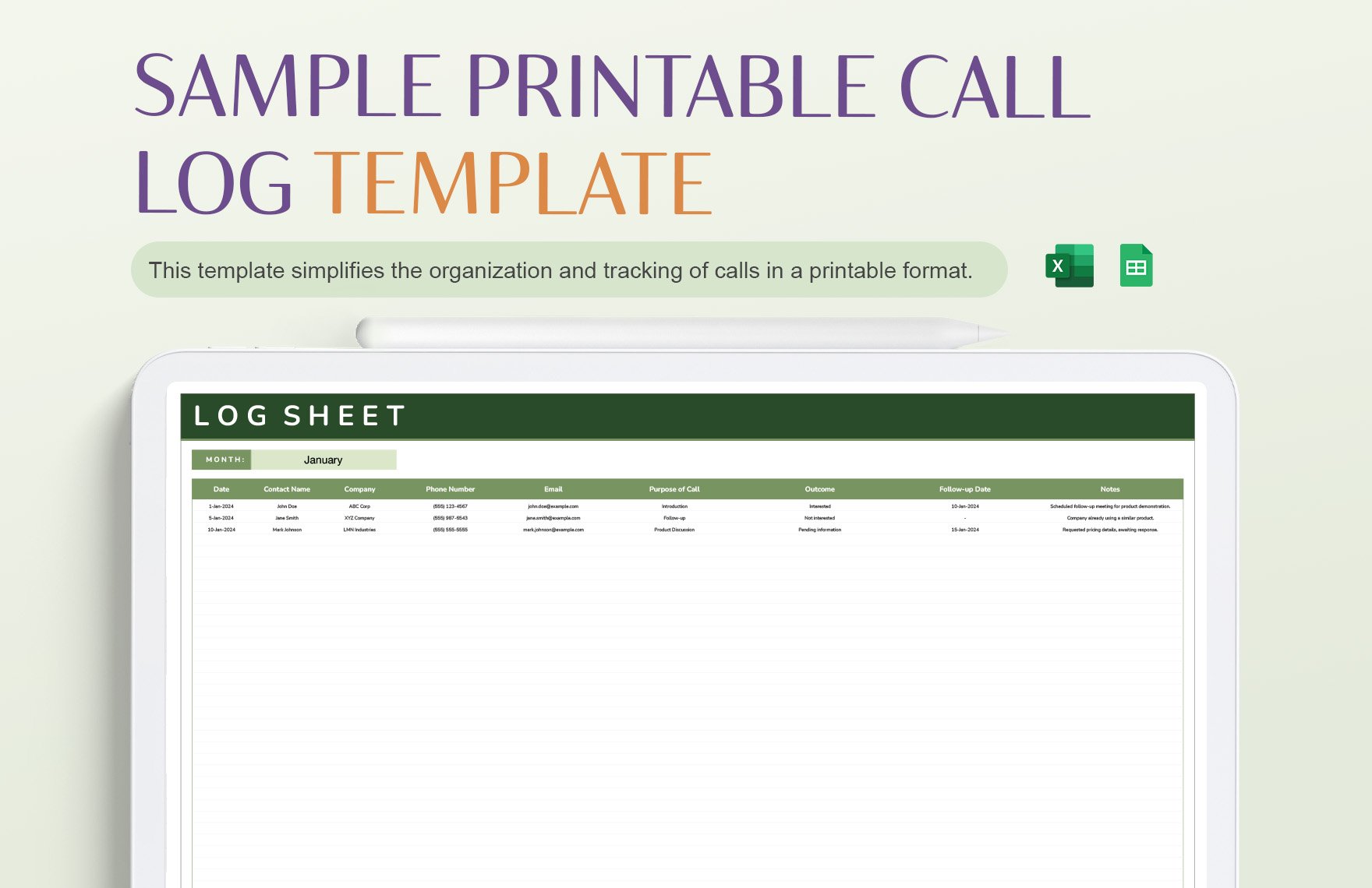 Sample Printable Call Log Template