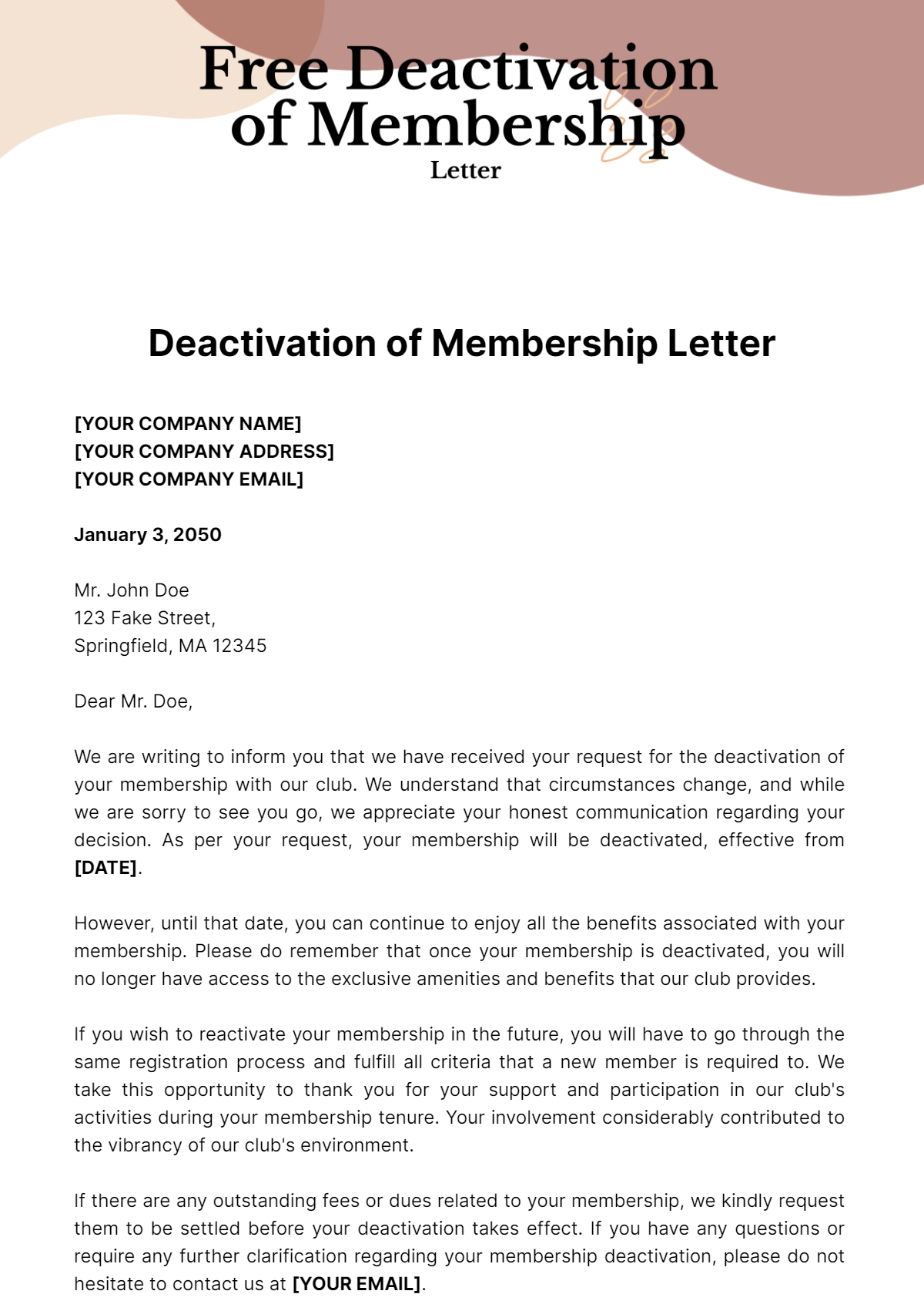 Free Deactivation of Membership Letter Template