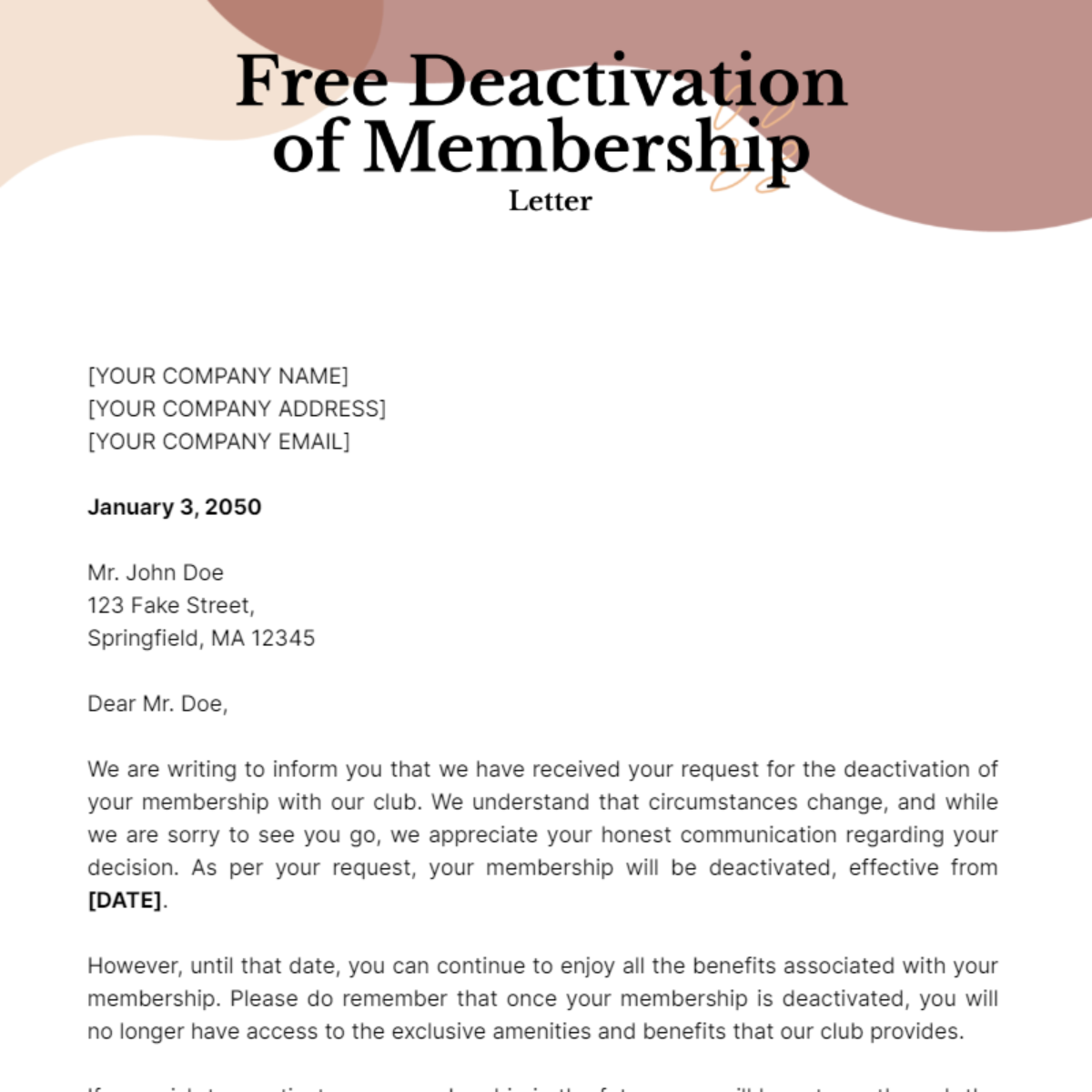 Deactivation of Membership Letter Template