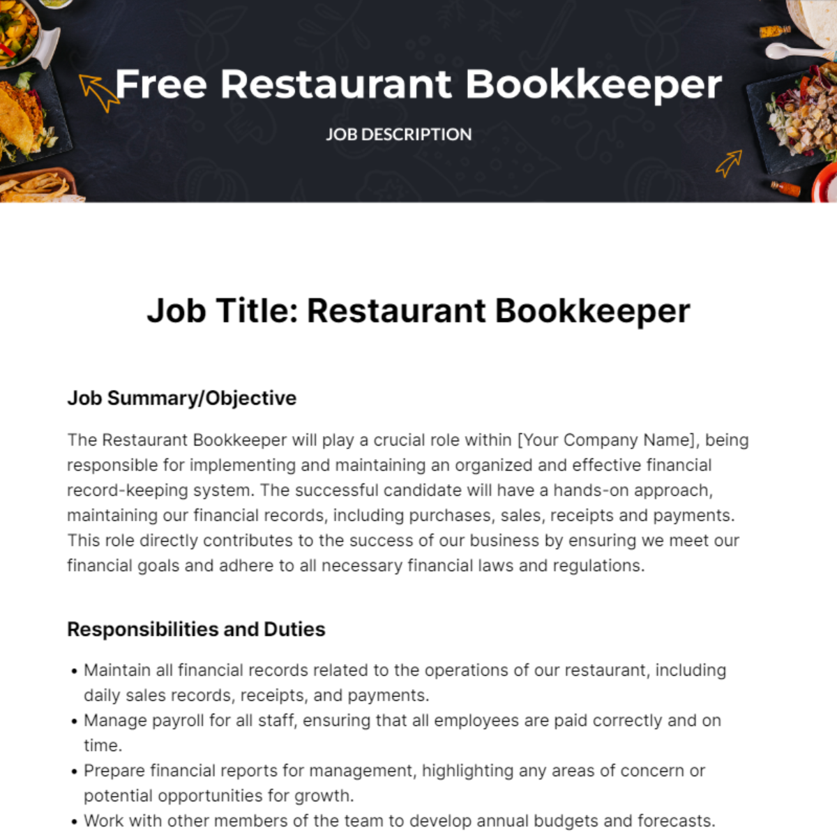 Restaurant Bookkeeper Job Description Template