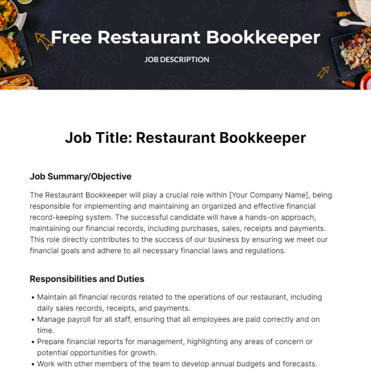 Restaurant Bookkeeper Job Description Template - Edit Online & Download