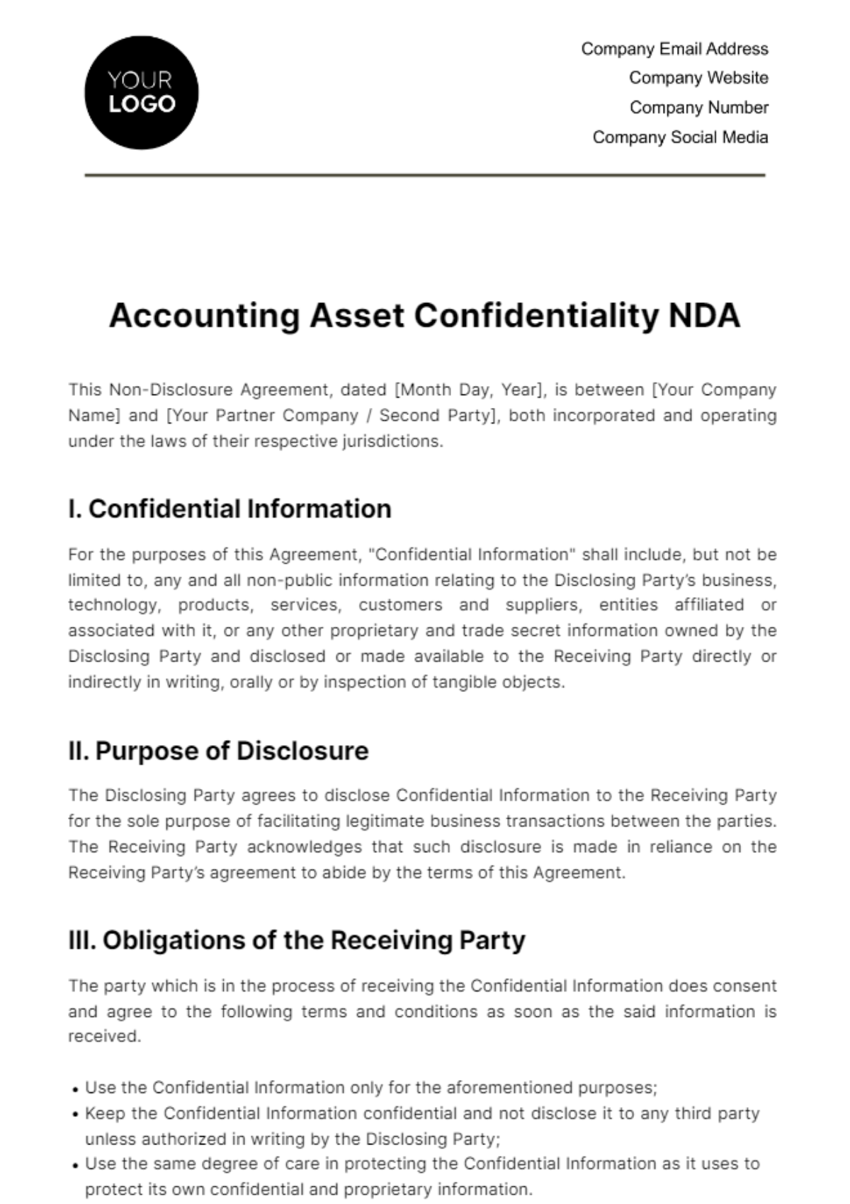 Free Accounting Asset Confidentiality NDA Template