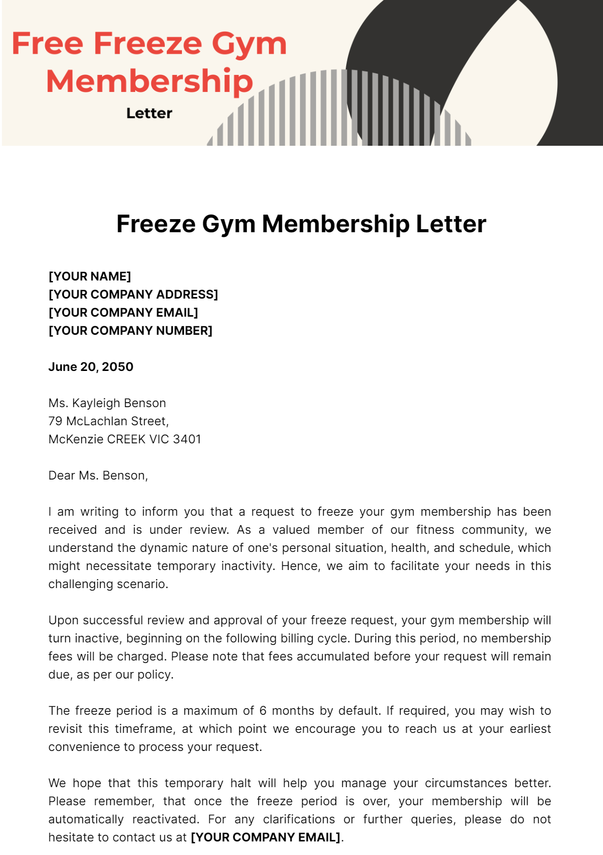 Freeze Gym Membership Letter Template