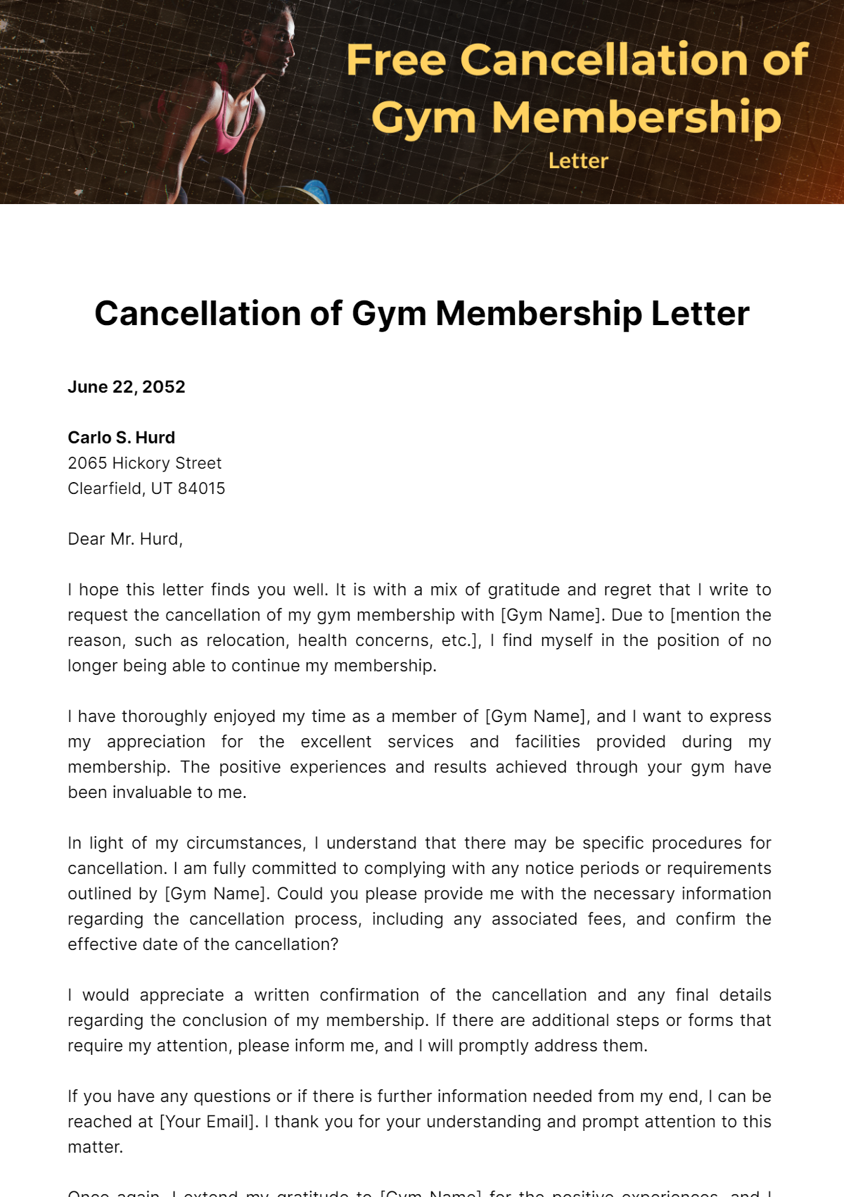 Free Cancellation of Gym Membership Letter Template
