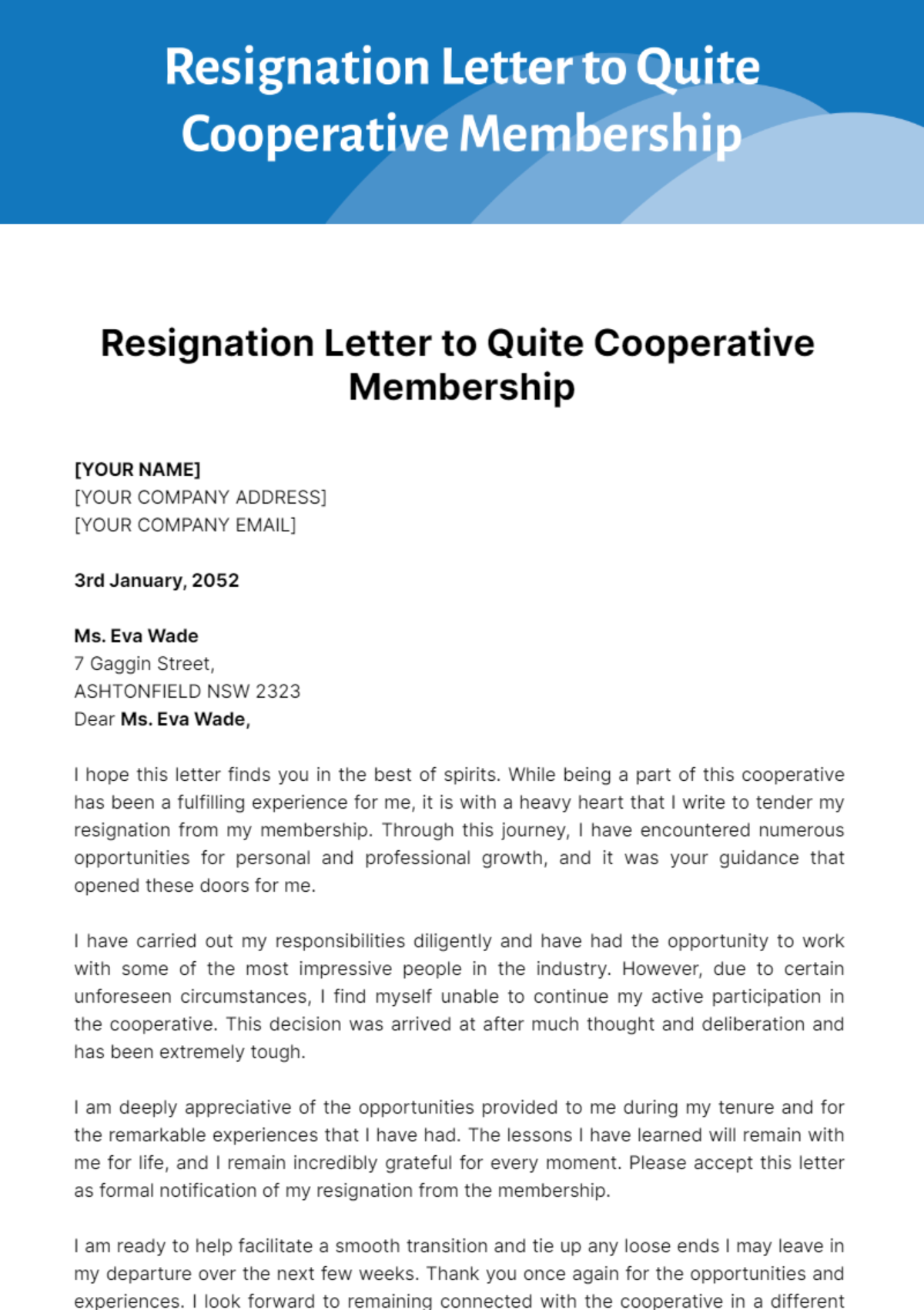 Free Resignation Letter to Quite Cooperative Membership Template