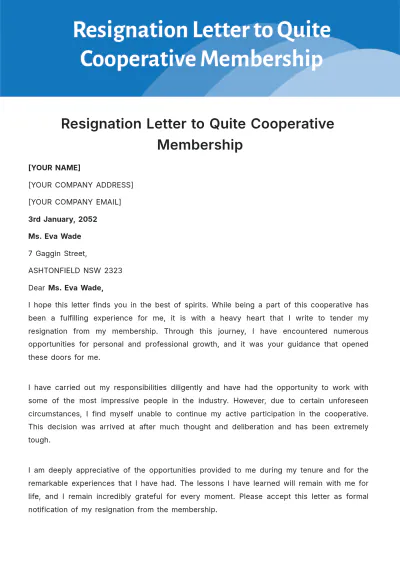Free Resignation Letter to Quite Cooperative Membership Template to Edit Online