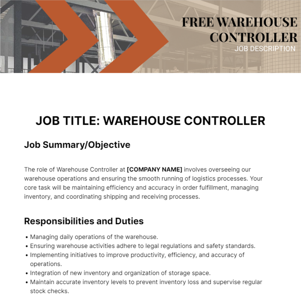 Warehouse Controller Job Description Template
