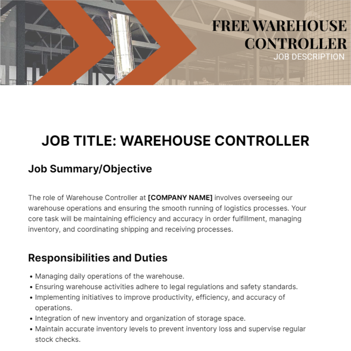 Warehouse Controller Job Description Template - Edit Online & Download