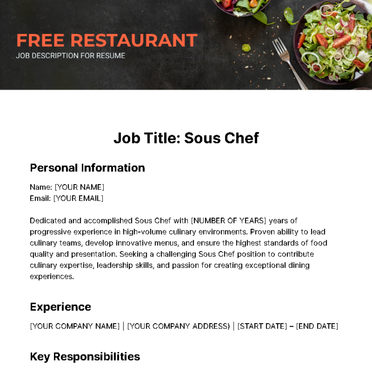 Restaurant Job Description for Resume Template