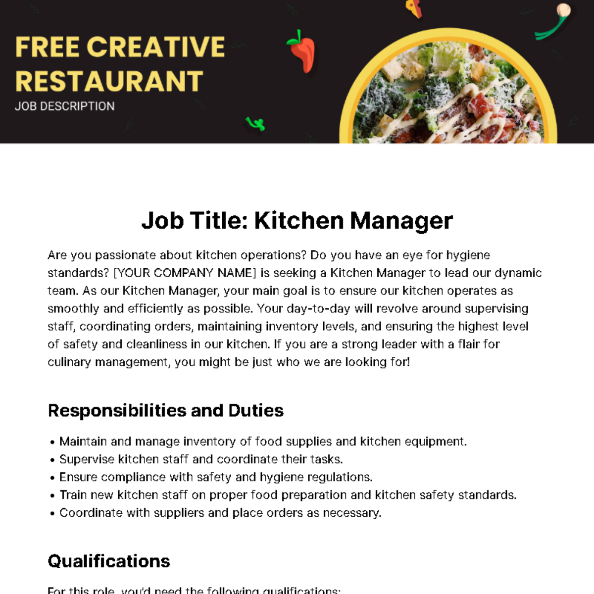 Creative Restaurant Job Description Template