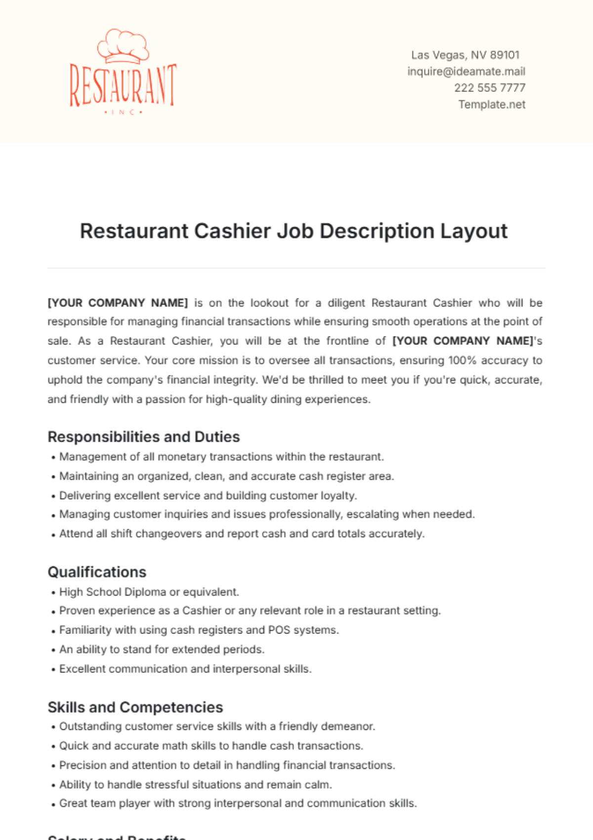 Restaurant Cashier Job Description Layout Template - Edit Online & Download