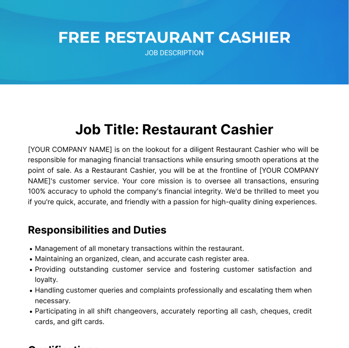 Restaurant Cashier Job Description Template