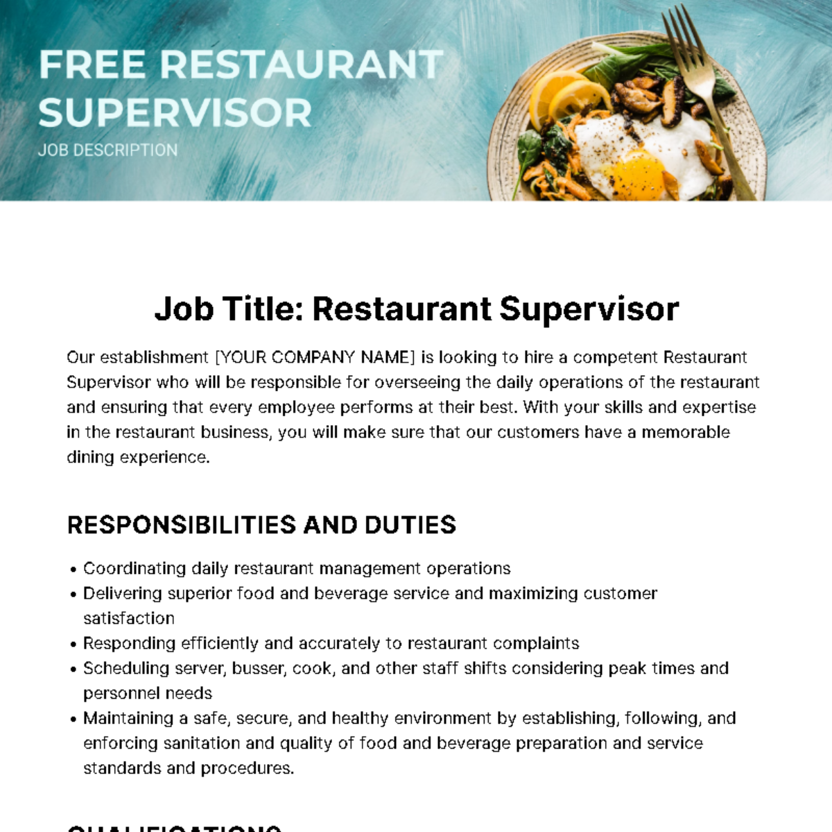 Restaurant Supervisor Job Description Template