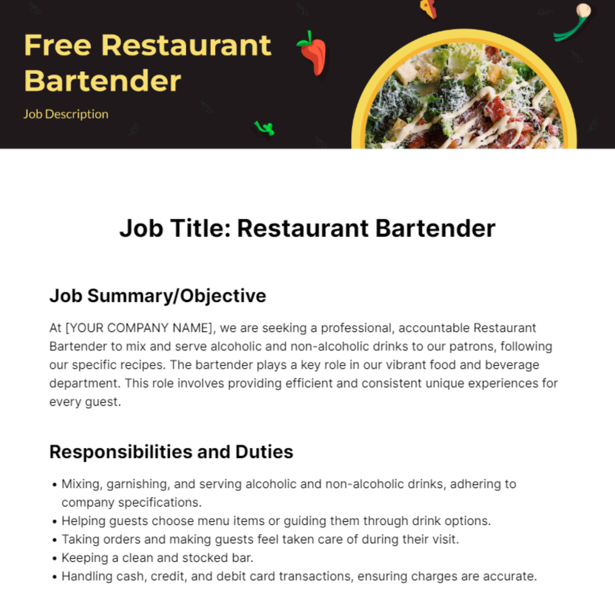 Free Restaurant Bartender Job Description Template