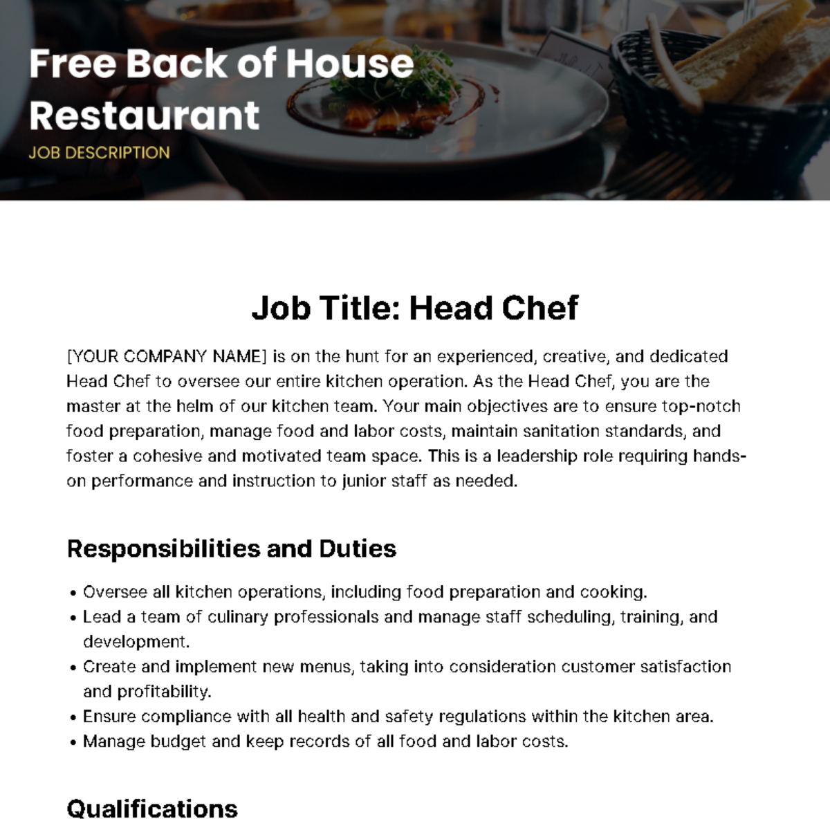 Back of House Restaurant Job Description Template