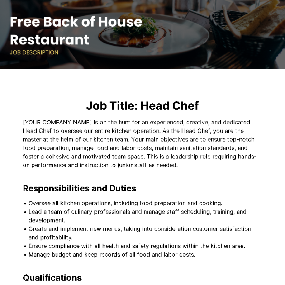 Back of House Restaurant Job Description Template - Edit Online & Download