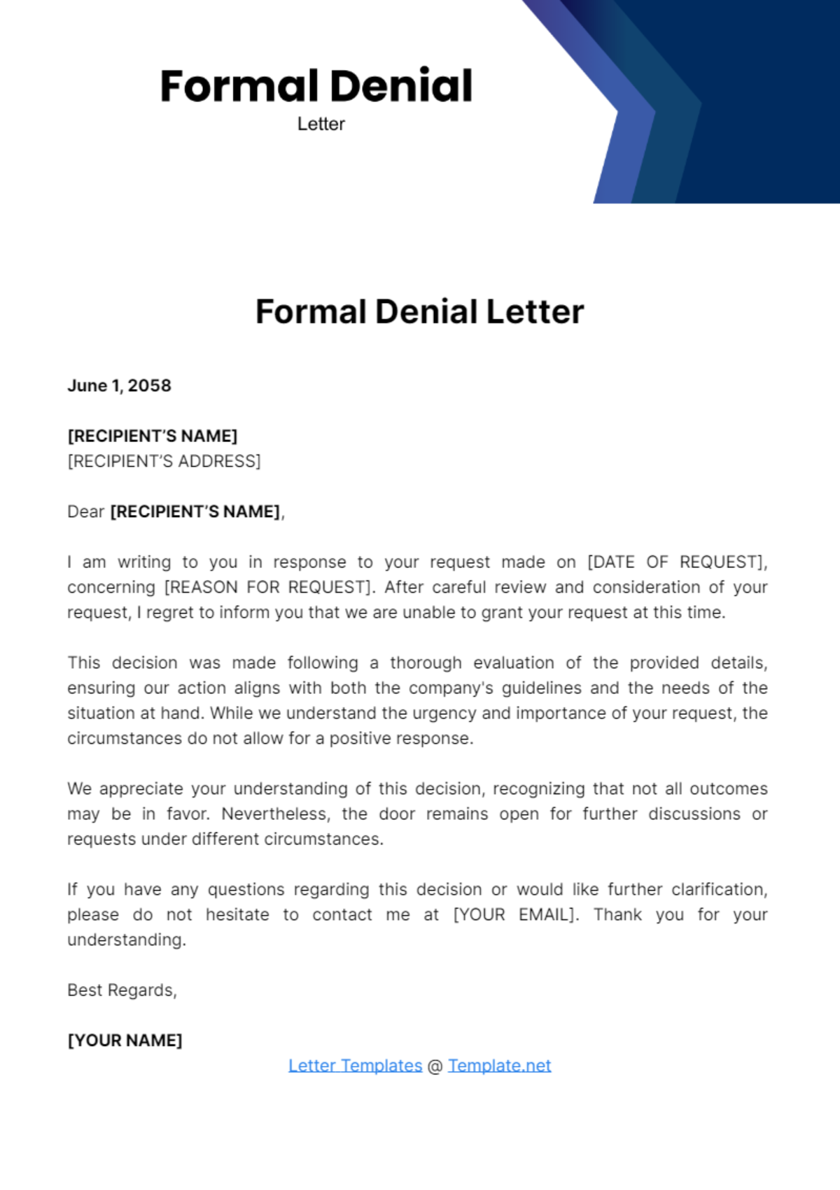 Free Formal Denial Letter Template