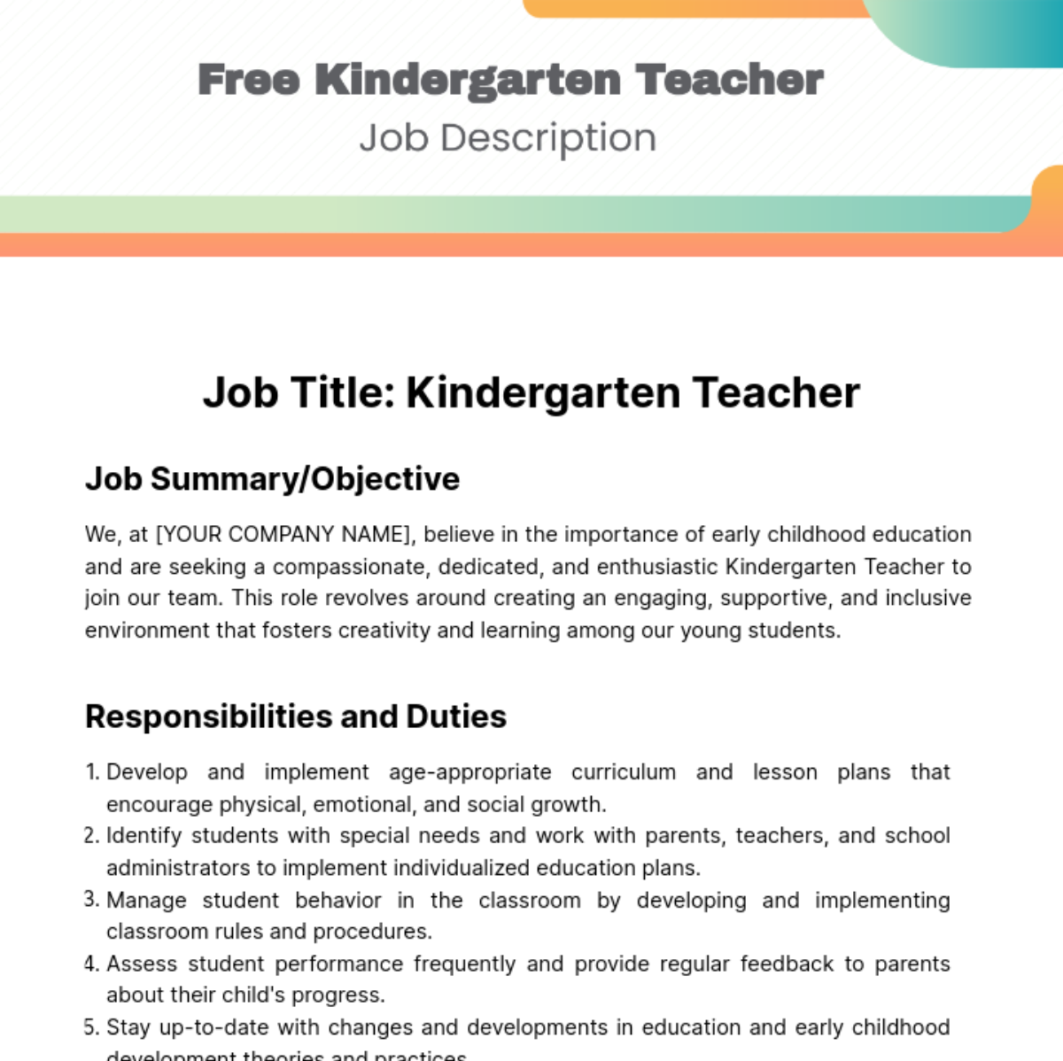 Free Kindergarten Teacher Job Description Template