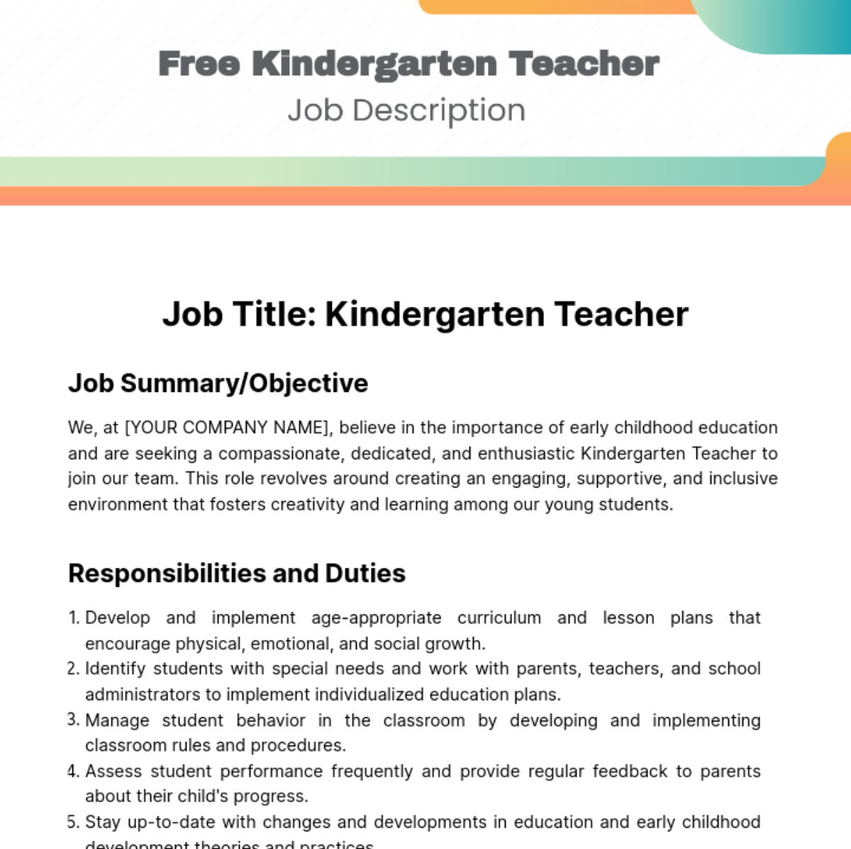 Kindergarten Teacher Job Description Template