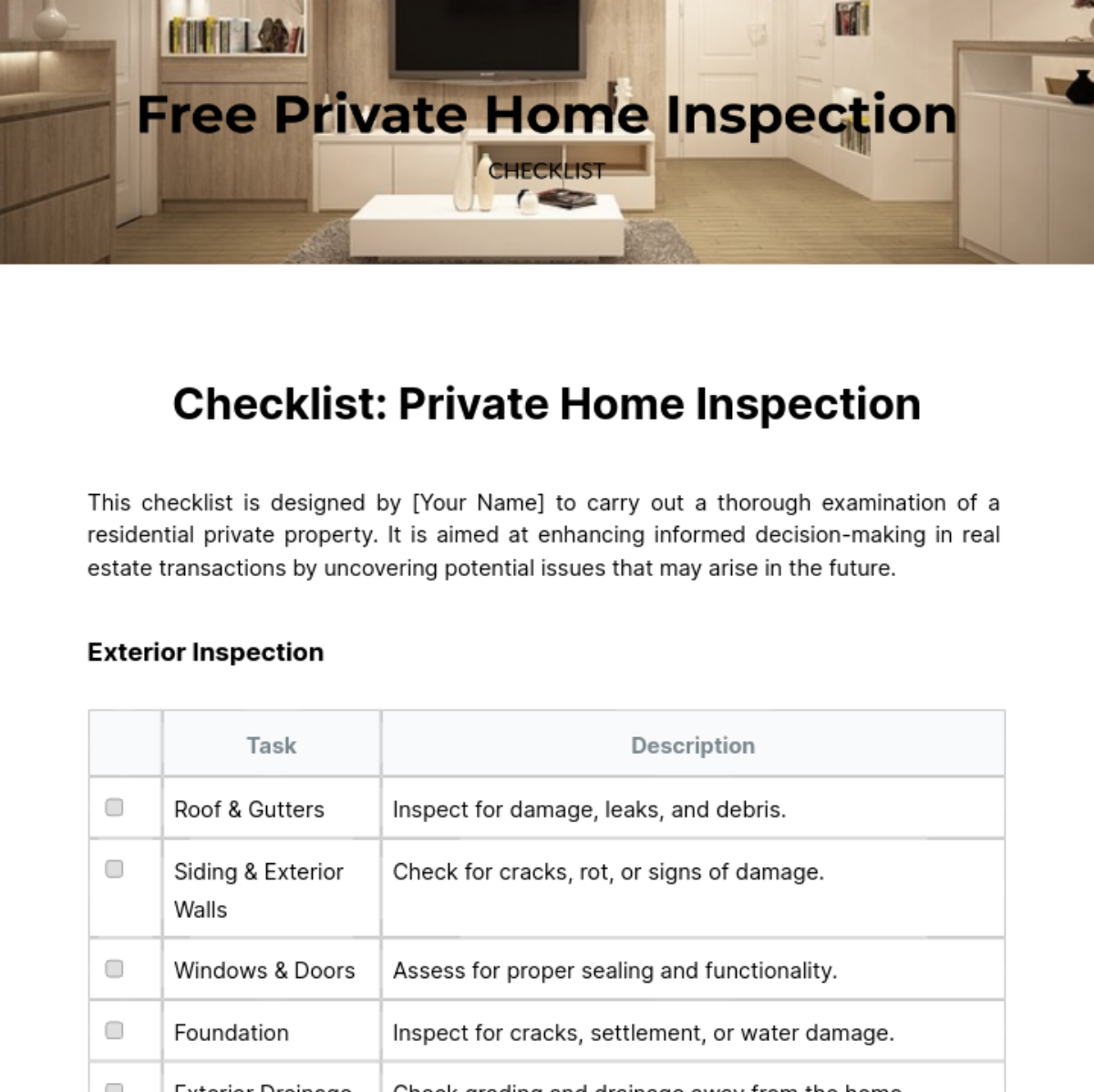 Private Home Inspection Checklist Template