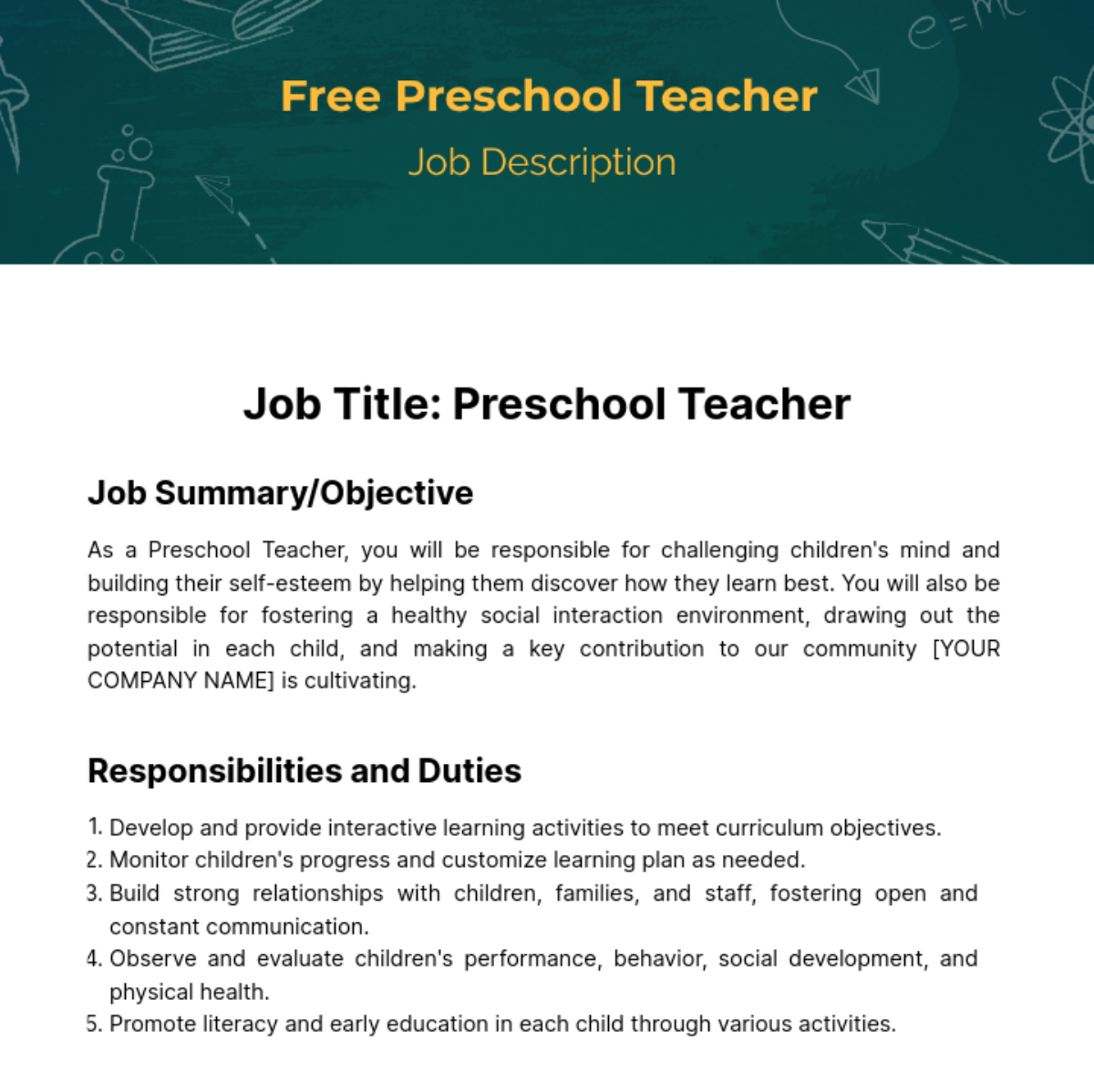 Preschool Teacher Job Description Template