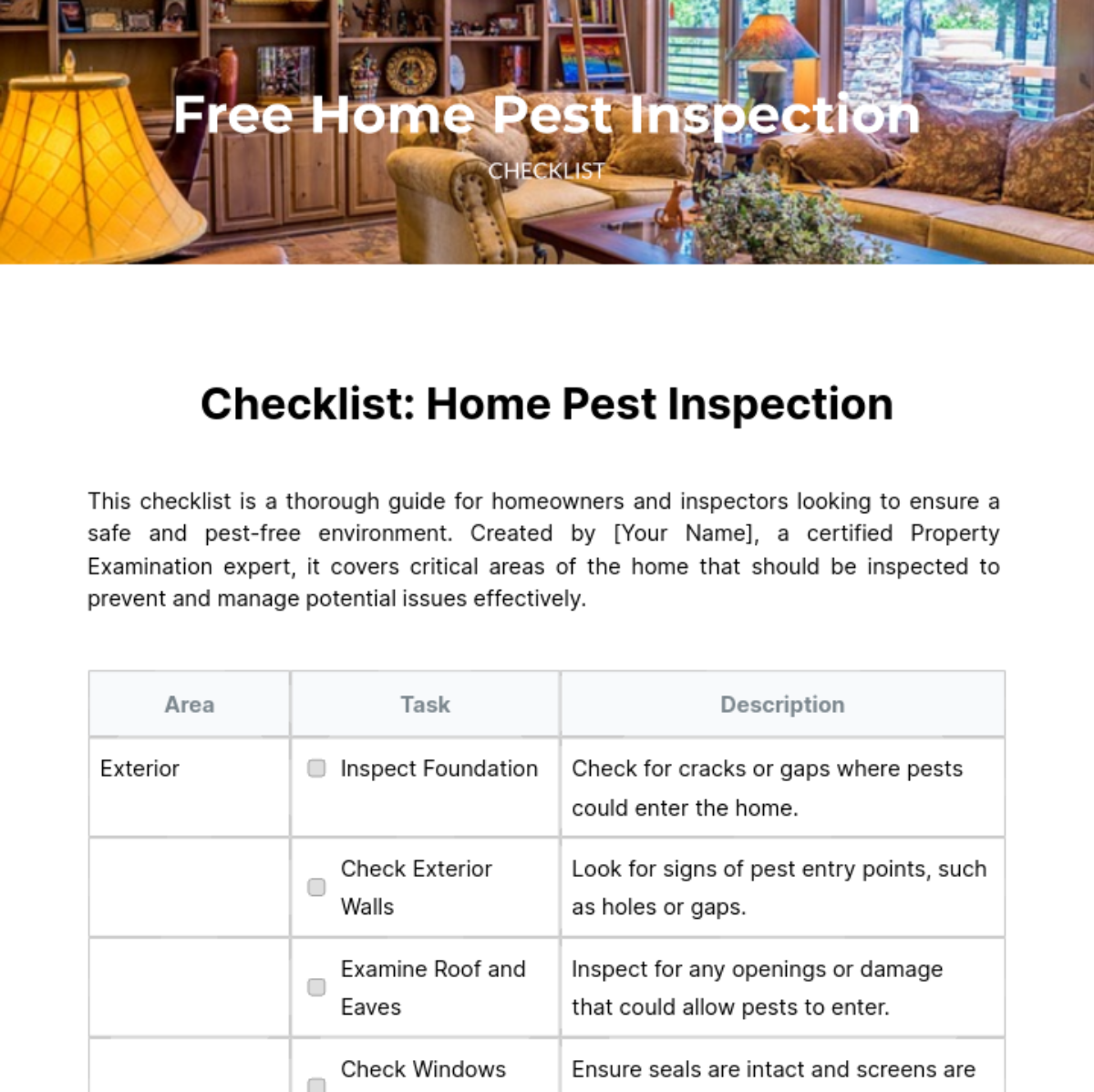 Home Pest Inspection Checklist Template