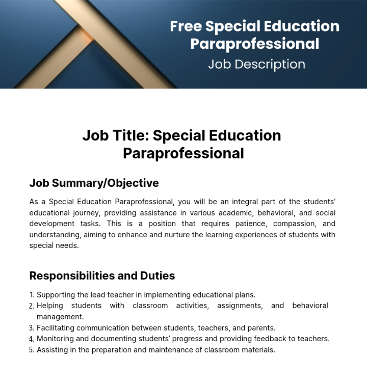 Special Education Para Educator Job Description Template