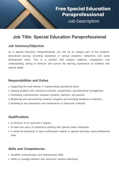 Free Special Education Para Educator Job Description Template to Edit Online