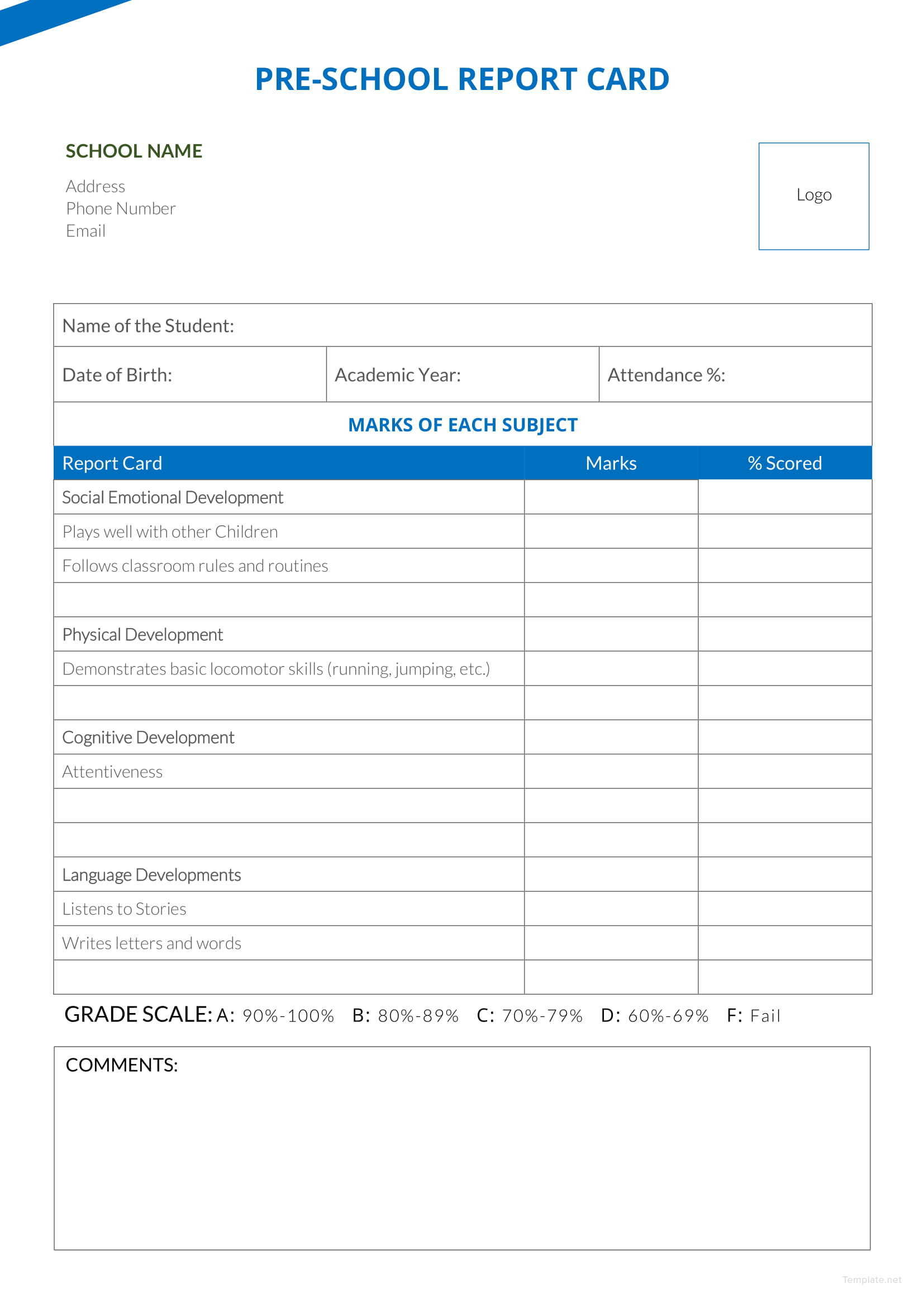 Preschool Report Card Template In Microsoft Word PDF Template