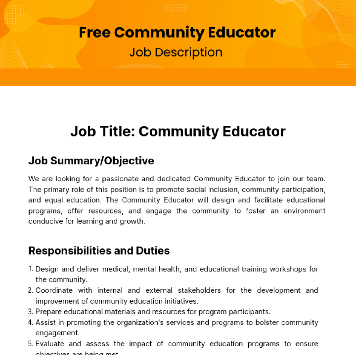 Community Educator Job Description Template