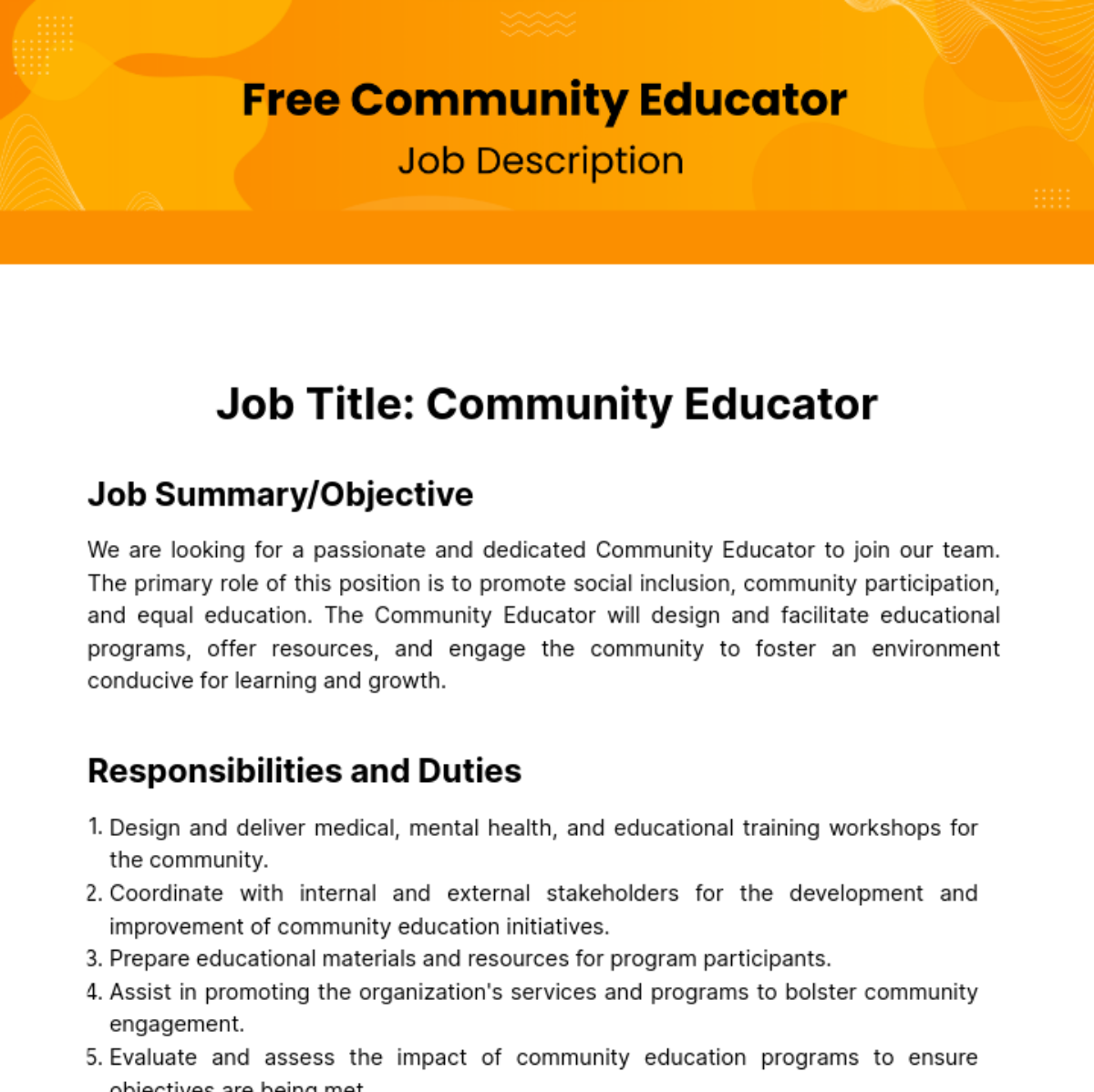 Community Educator Job Description Template - Edit Online & Download